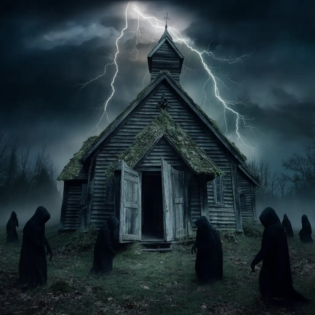 Eerie Night Abandoned Church in Dark Forest with Sinister Figures