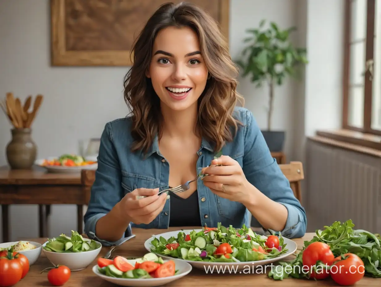 Woman-Eating-Fresh-Vegetable-Salad-at-Table