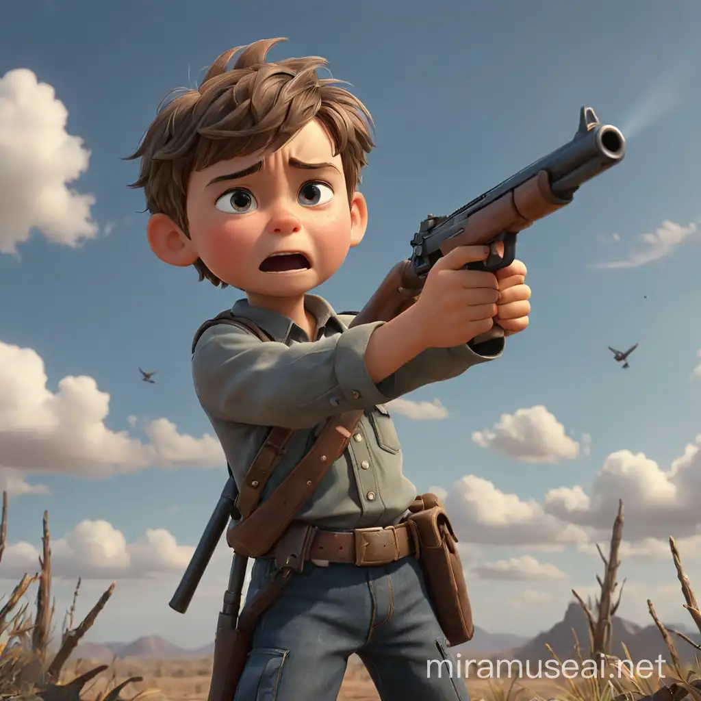A little boy is crying and pointing a rifle at the sky. We can see his full height, every hands, every legs. He's got his back to us. In realism style, 3D animation.