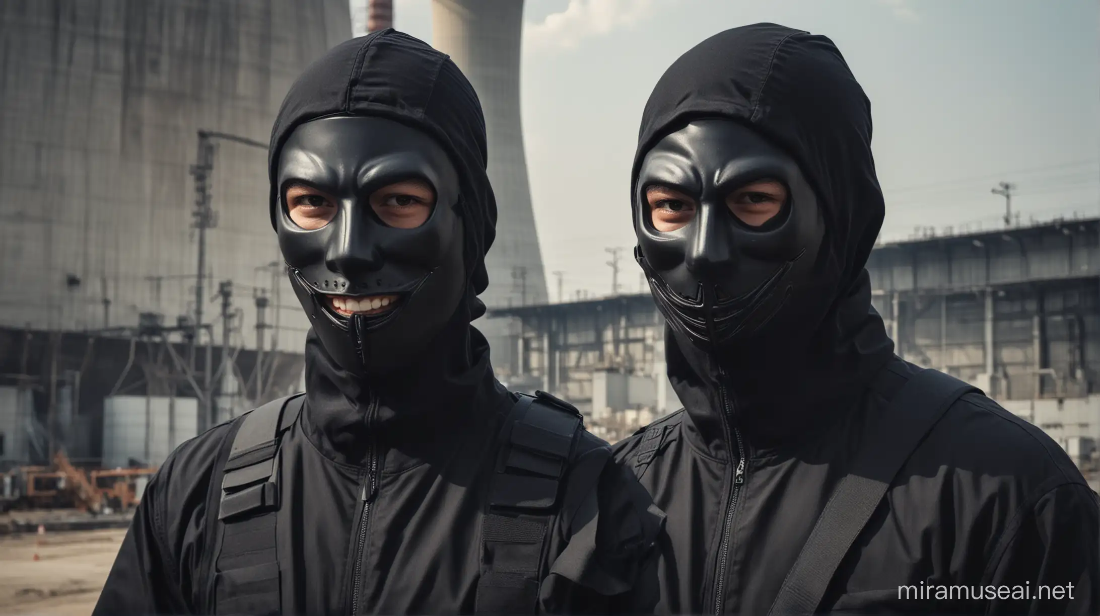 a black suit thief wear black mask go to Nuclear power factory to steal the nuclear code, thief been punched in the face by swat security when smiling, 