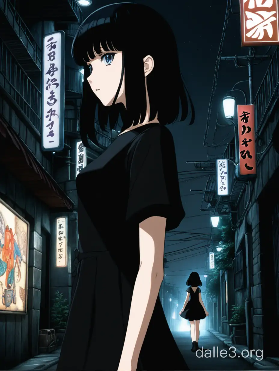 девушка с черными волосами чуть ниже плеч в черном обрягивающем платье на темной улице стоит полубоком в стиле аниме