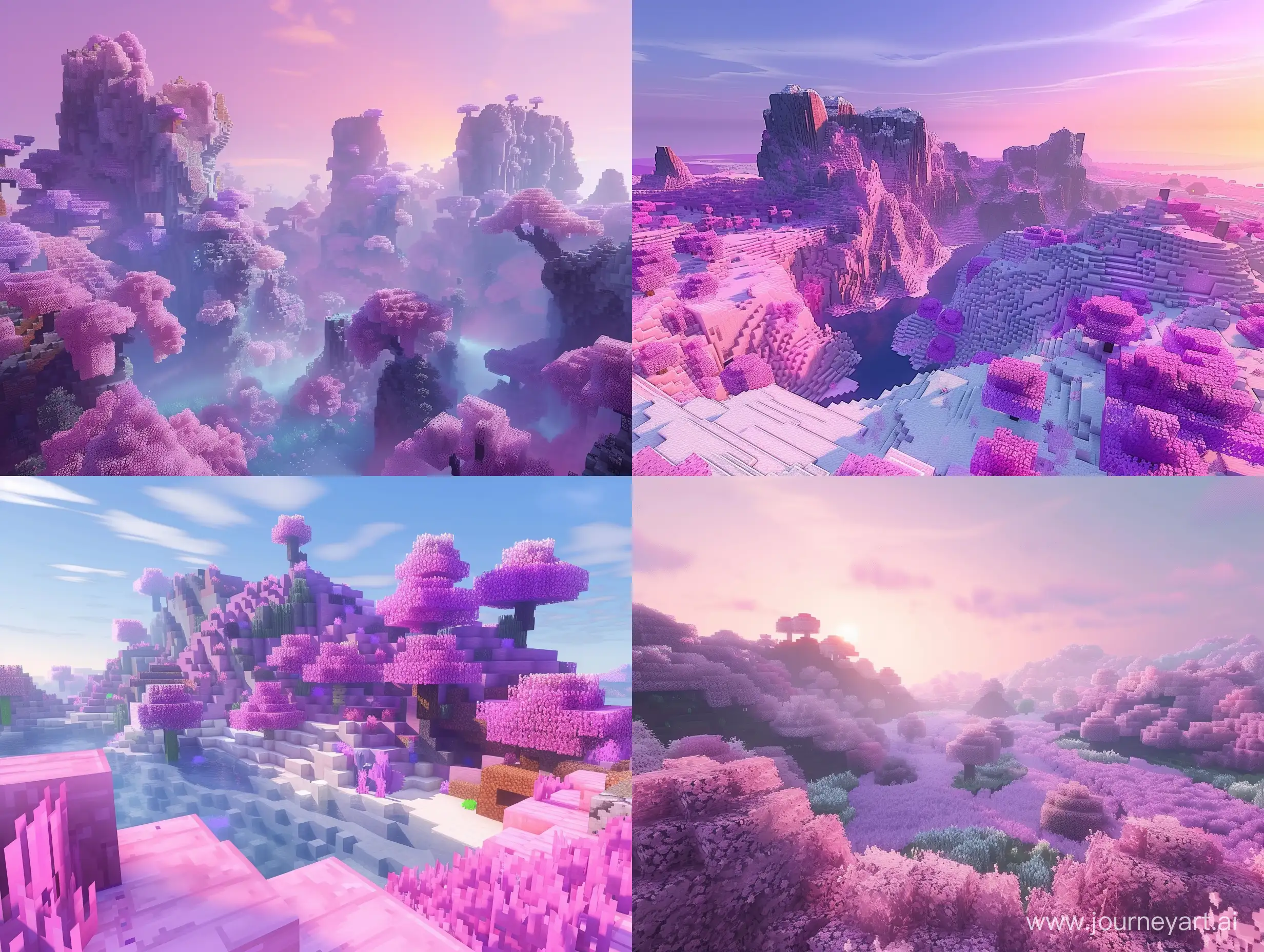 Minecraft world landscape,  in pink and purple natural gradient tones