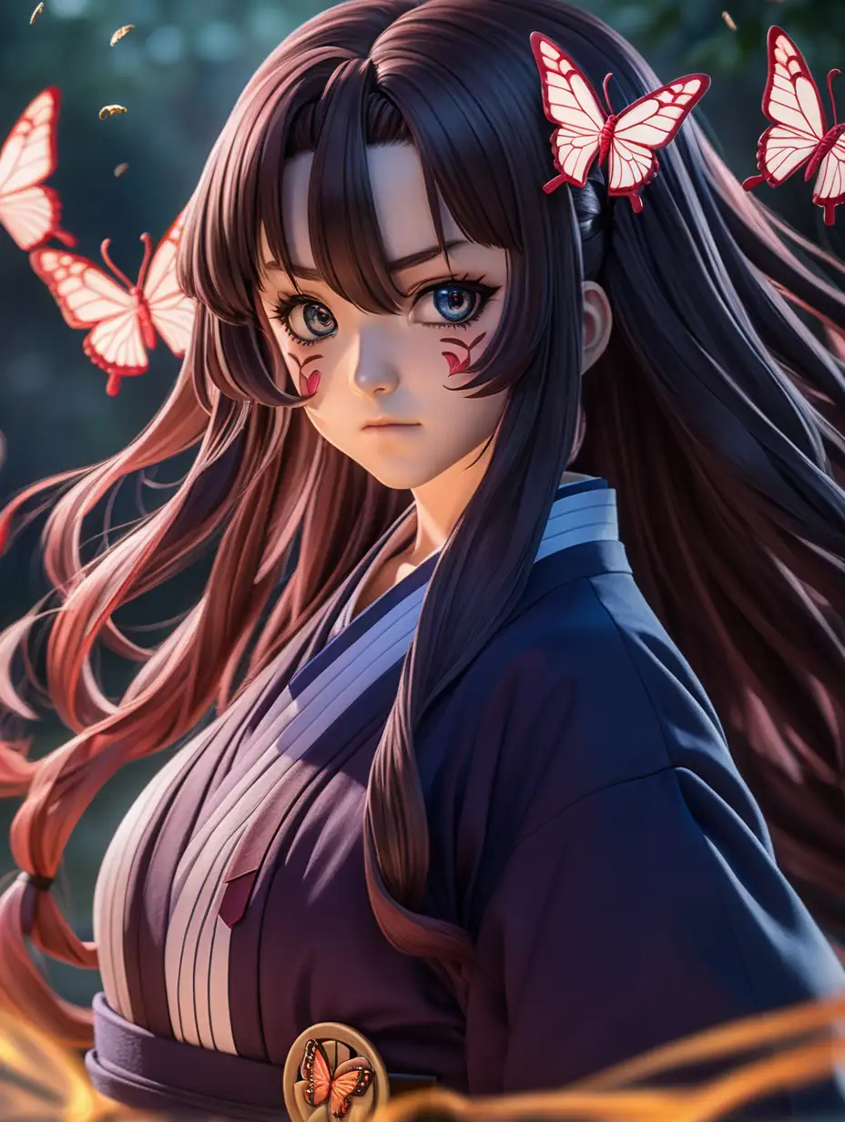 (cinematic lighting), Kanae kocho is a character in "demon slayer: Kimetsu no yaiba" depicted as elegant and refined, with long, wavy hair and a calm demeanor, She often wears the traditional Demon Slayer uniform with the butterfly emblem, showcasing her affiliation with the organization. Despite her delicate appearance, Kanae is a formidable warrior who contributes to the Demon Slayer Corps in the ongoing battle against demons, intricate details, detailed face, detailed eyes, hyper realistic photography