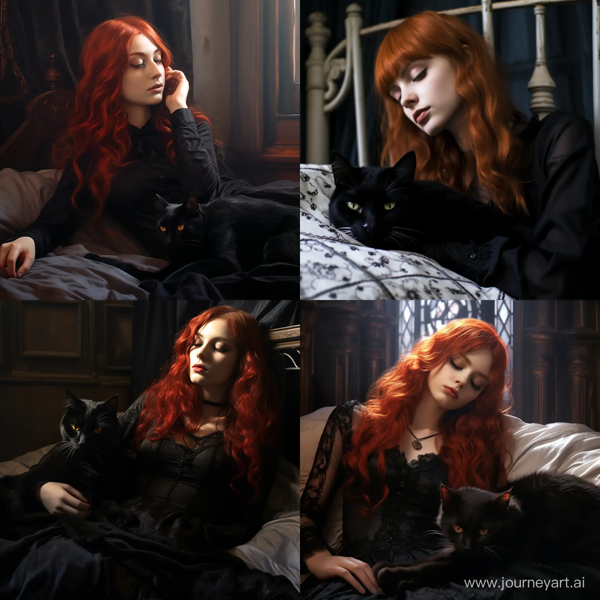 A girl with red hair in a black Gothic dress sleeps on a bed next to a Gothic-style cat