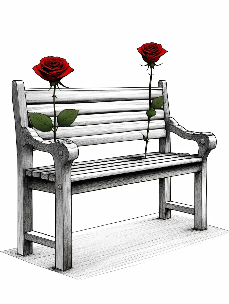 Strichzeichnung einer Sitzbank aus Holz, Sitzbank mit Rückenlehne, Sitzbank mit Armlehnen, auf der Sitzfläche liegt eine einzelne kleine rote Rose, weißer Hintergrund, Seitenansicht