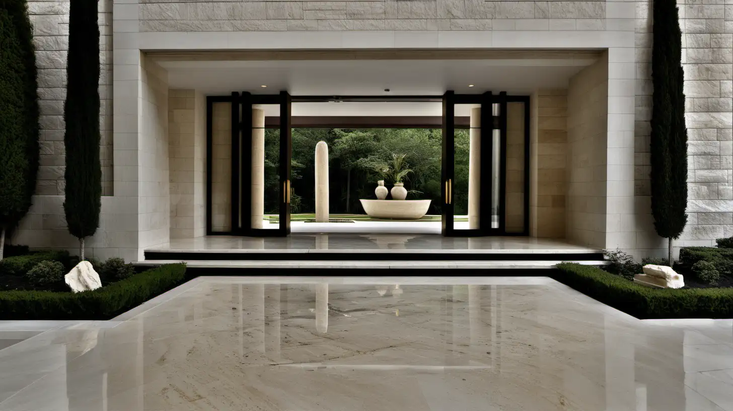 Grand Minimalist Contemporary Estate home entrance; ivory; limestone; travertine; limed oak; brass; limestone waterfalls
