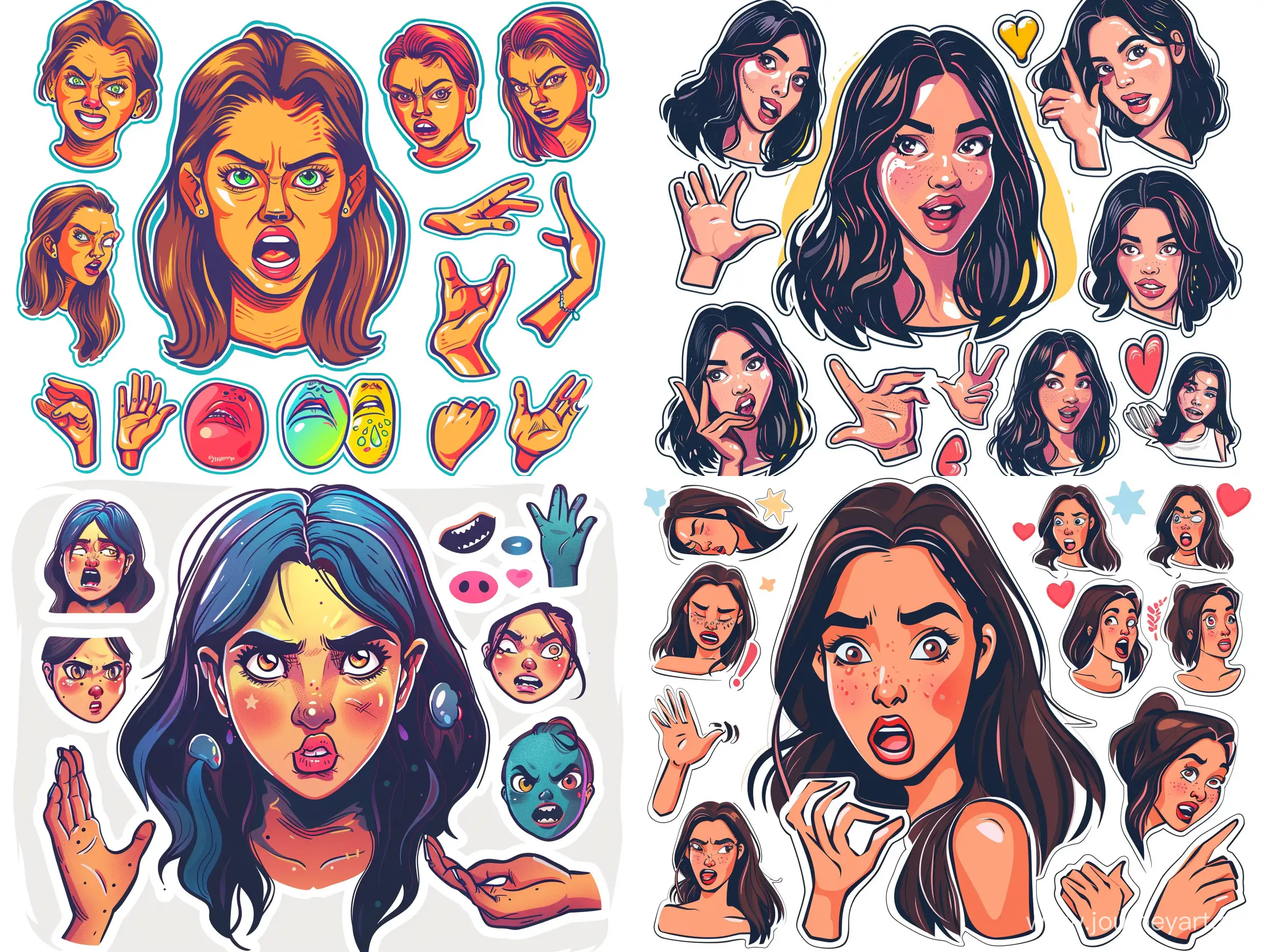 Slavic-Girl-Expressing-Various-Emotions-with-Colorful-Sticker-Accents-on-White-Background