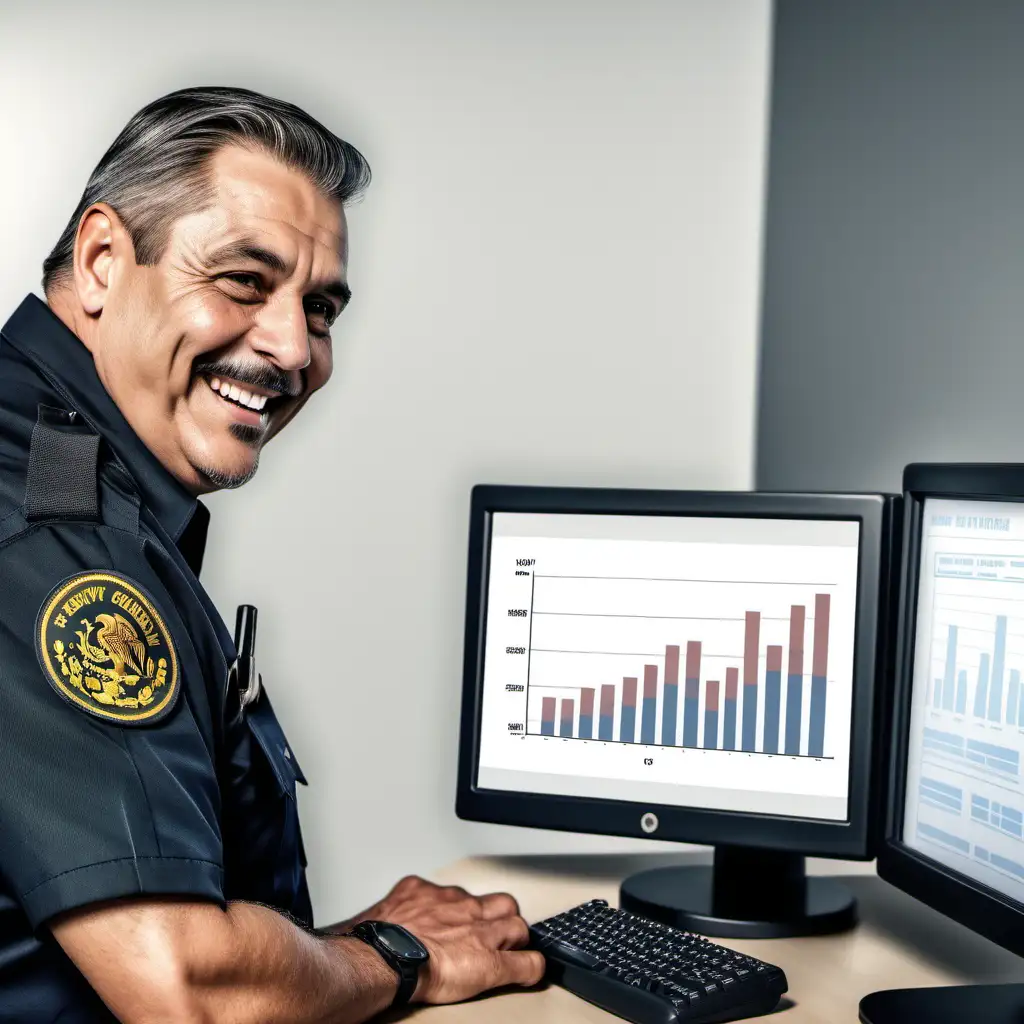 Una imagen donde aparezca un guardia de seguridad frente a un dispositivo movil, sonriendo. Enfrente de el, un guardia de seguridad de frente a un monitor viendo graficas. Ambos con aspeto de 50 años y mexicanos