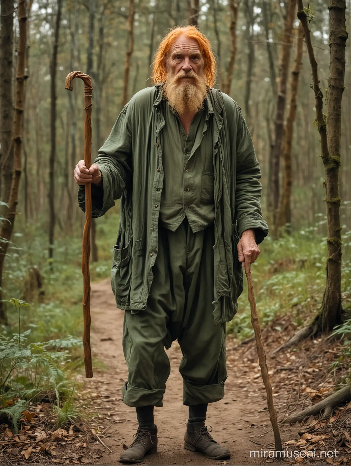 Elderly Hermit with Orange Hair and Green Attire in Forest