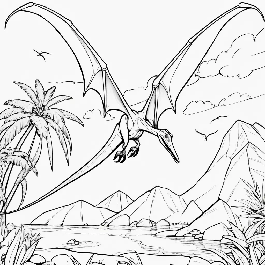 pterosaurus, coloring page, black and white, cartoon, no shading, high dof, 8k,--ar 85:110
