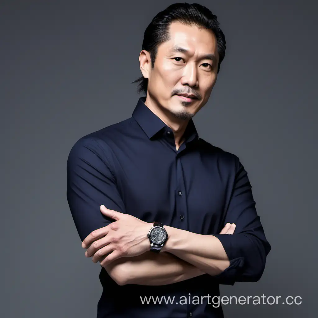 Elegant-46YearOld-Asian-Man-with-Ponytail-in-Stylish-Attire-and-Watch