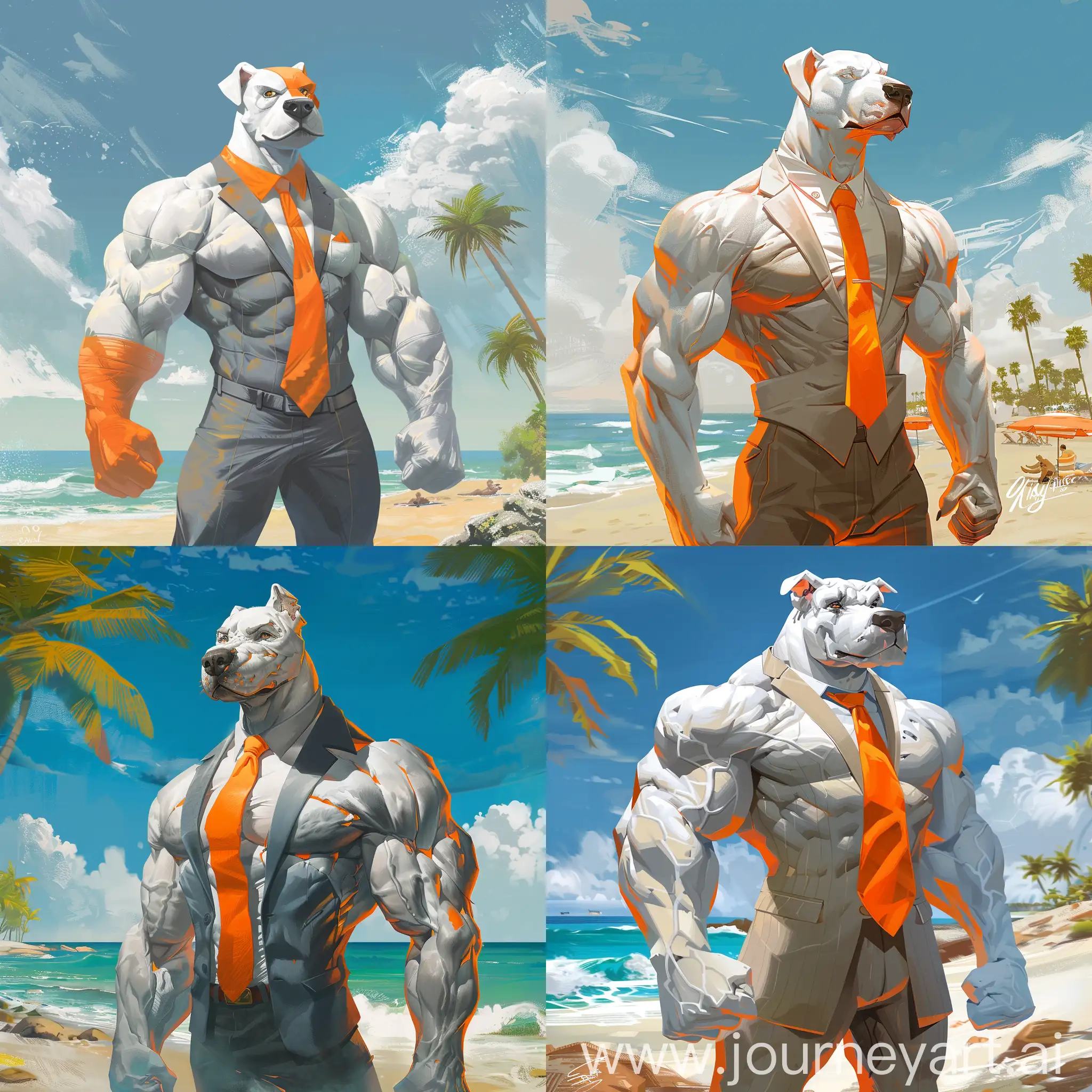 Create a high-definition illustration of a muscular anthropomorphic dog that appears 90%20human, featuring an orange and white color scheme. The character, dressed in a business suit with an orange tie, stands confidently on a beach. This character should emanate a strong, confident aura, resembling that of a bodybuilder, and adopt a pose that indicates leadership and power. The beach environment should be depicted with clear skies, gentle waves at the shore, and palm trees in the background, capturing the essence of the character's commanding yet relaxed presence, with attention to the detailed color palette and attire.