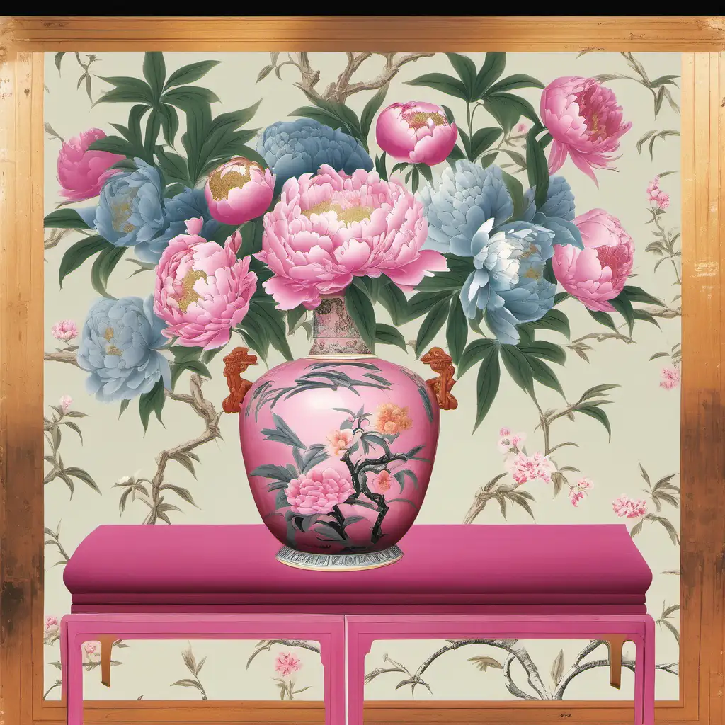 Pink chinoiserie wallpaper, chinoiserie vase of peonies on antique table