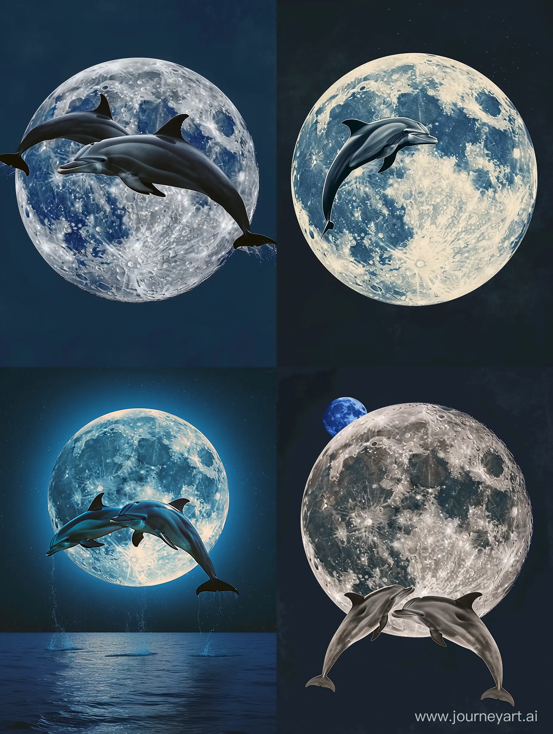 image of moon in off white colour with a the dark blue , two dolphins jumping