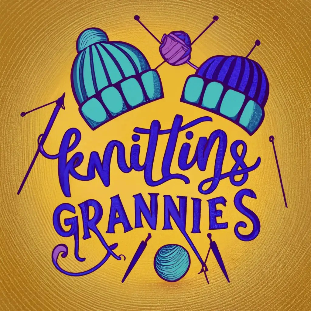 logo, knitting hats with knitting needles, with the text "grannies", typography
