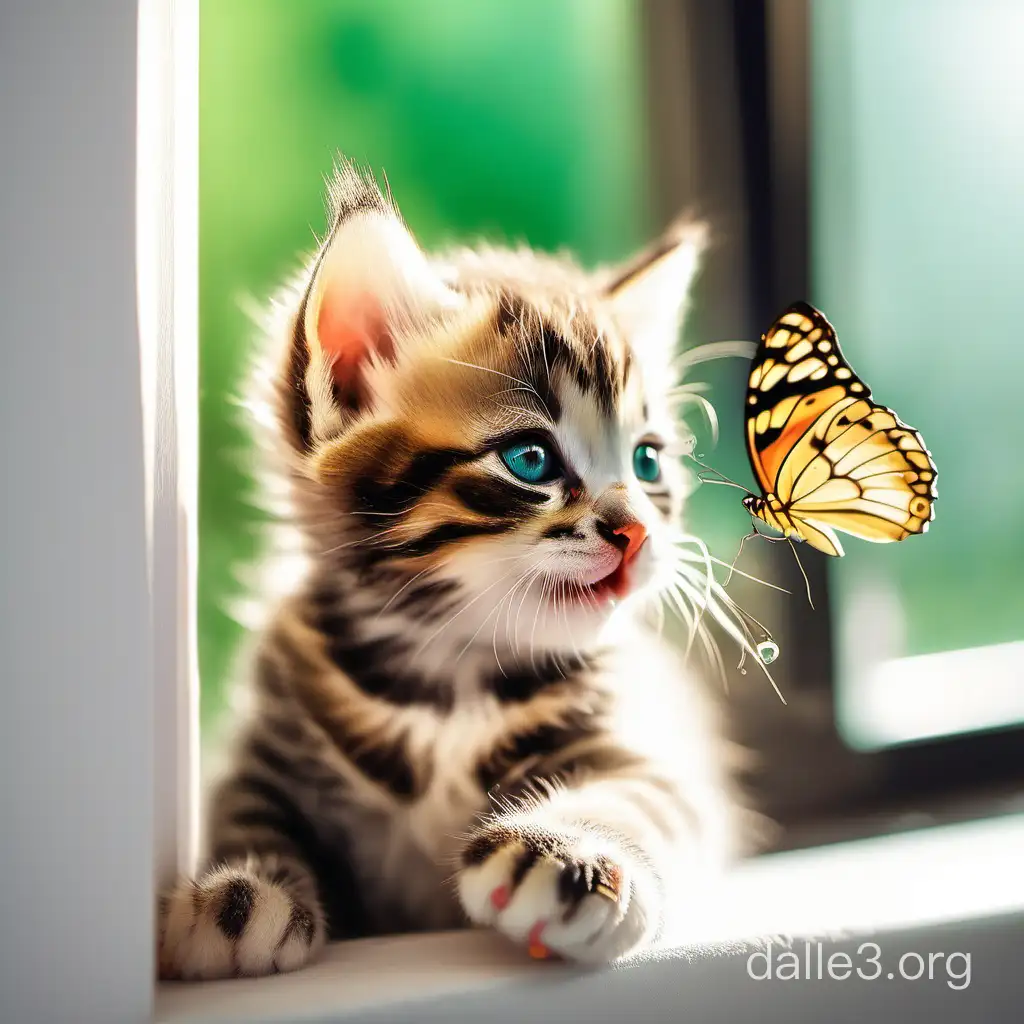 милый маленький улыбающийся  котенок с бабочкой на носу  сидит на окне и смотрит весеннюю на природу 