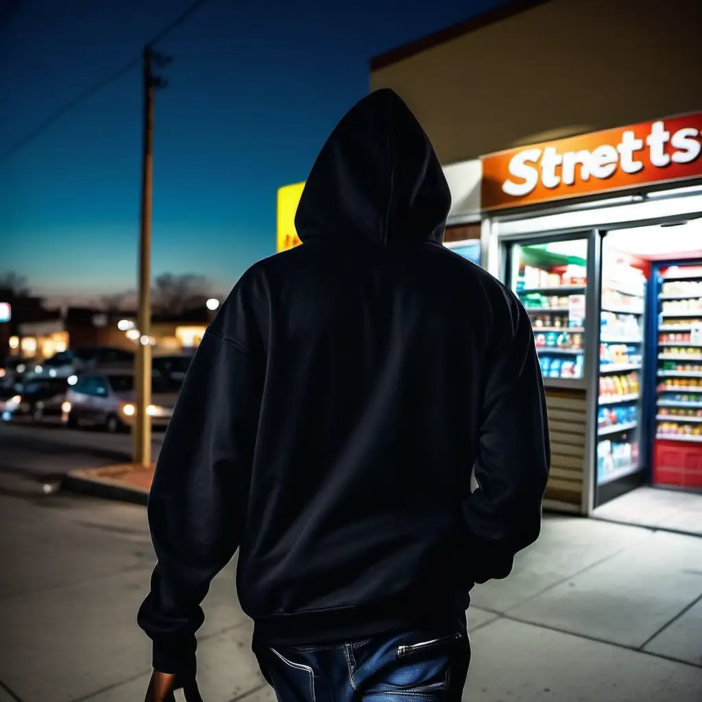 A picture of a black teenager walking away from a convient store. He has a black hoodie on. The view is of him from behind walking at night time