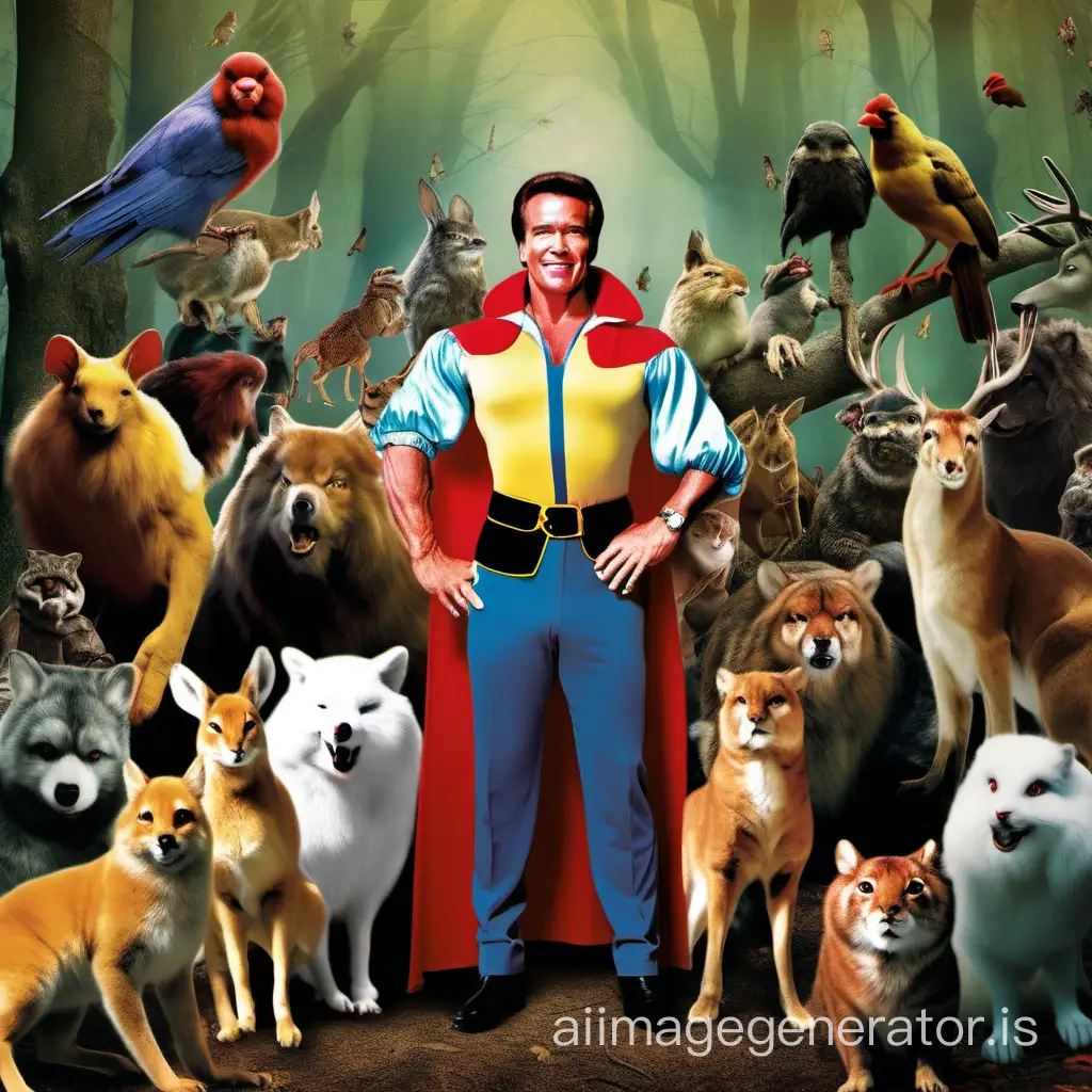  Arnold Schwarzenegger In the form of snow White, Full-length. Surrounded by forest animals. 