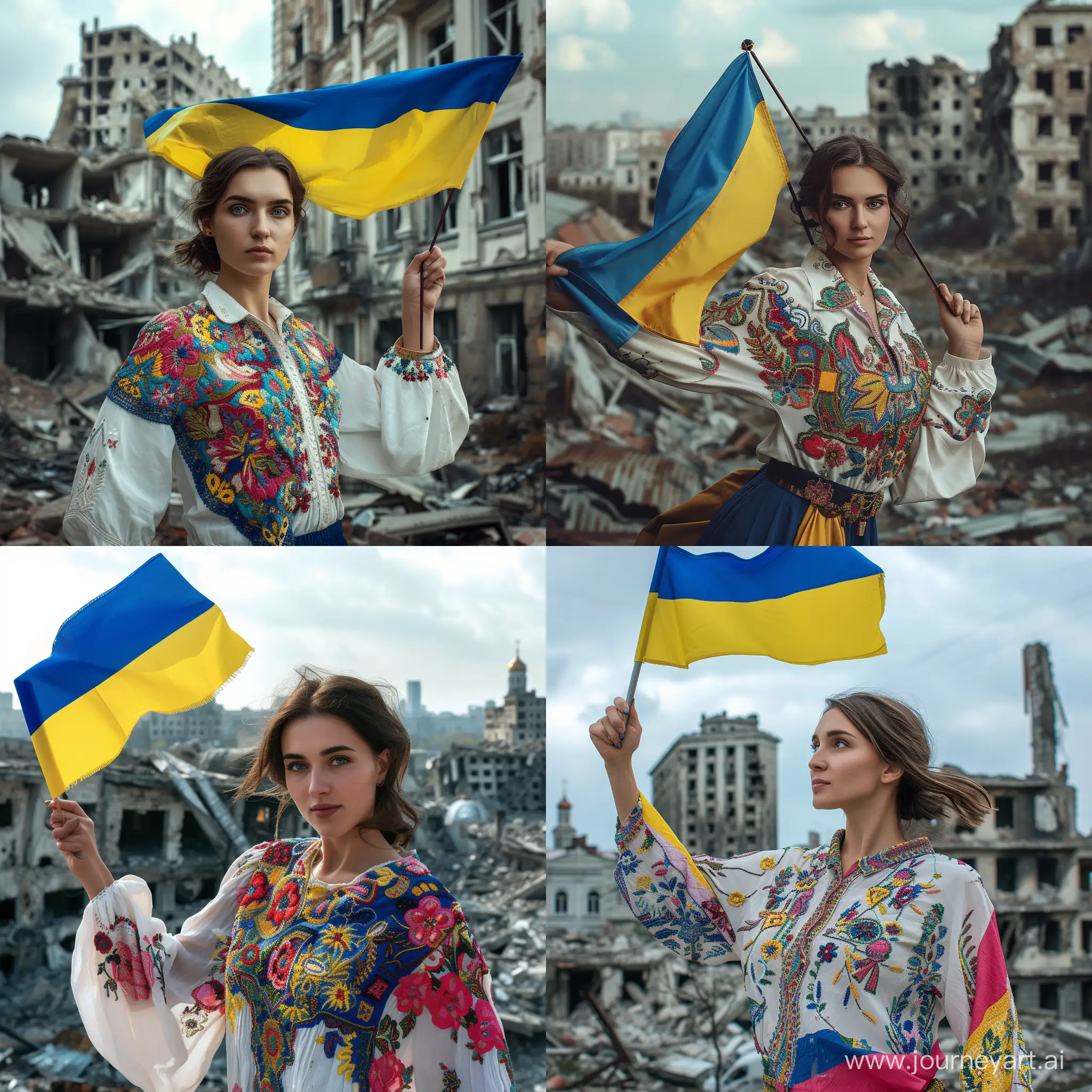 a beautiful Ukrainian woman in an embroidered shirt holds the flag of Ukraine in her hand against the background of Kharkov destroyed by war
