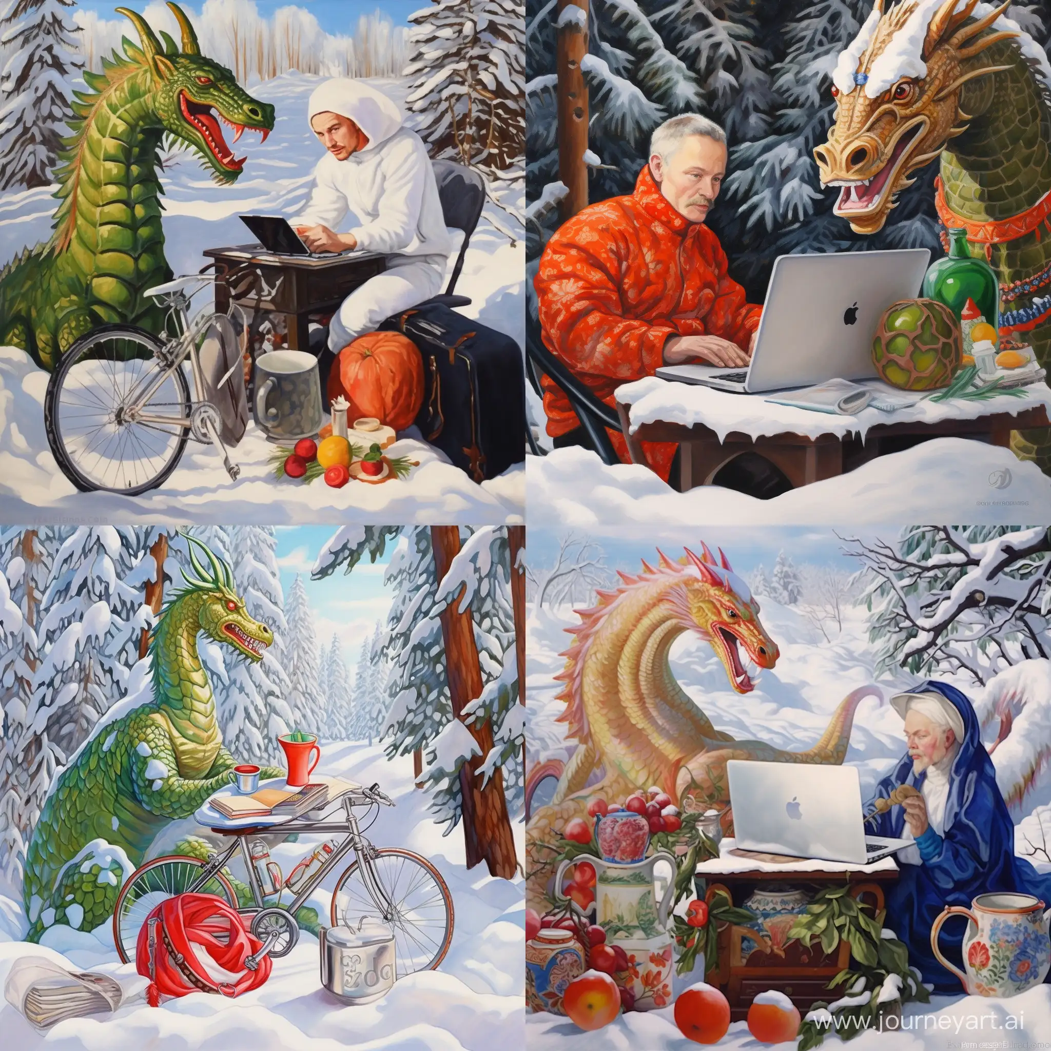 Festive-New-Year-Scene-Green-Dragon-Amidst-Snowy-Fir-Trees-with-Tambov-Emblem-on-Silver-Laptop