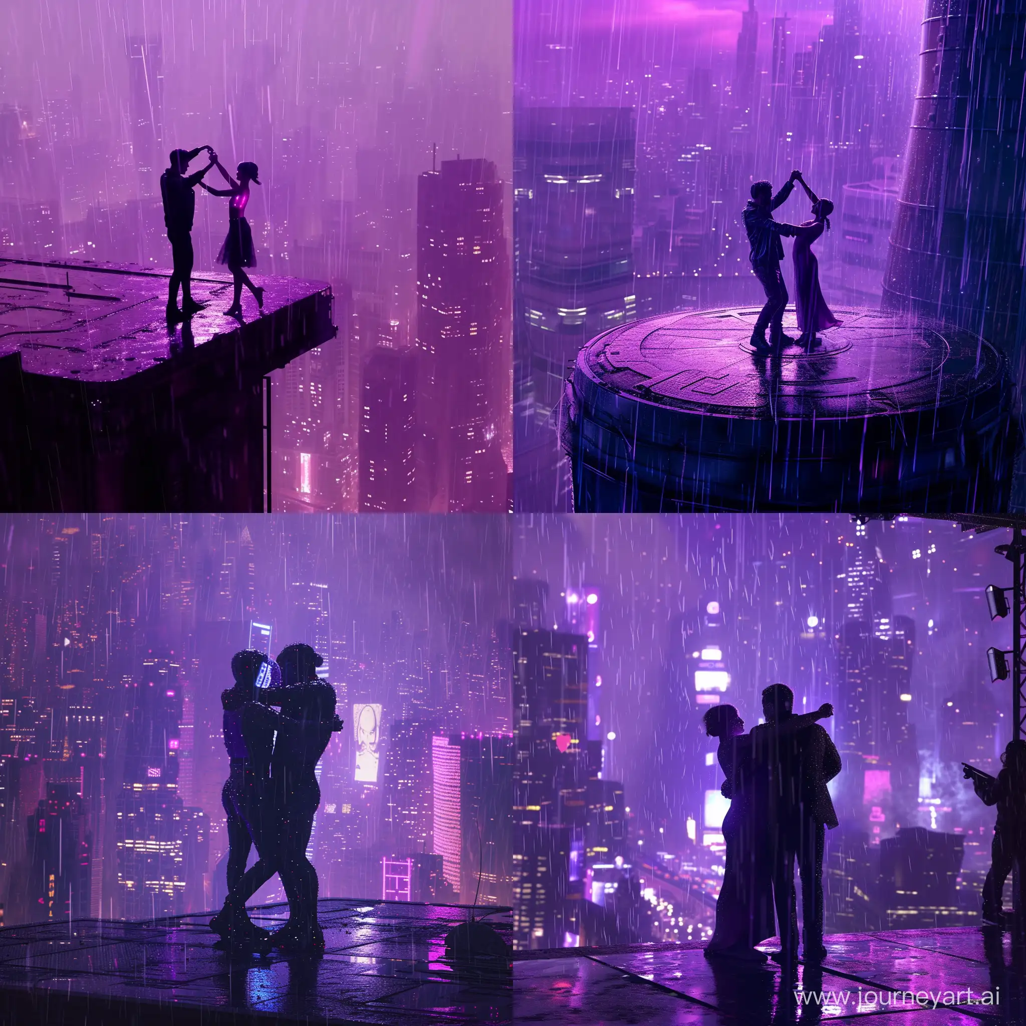 Romantic dance in cinematic top of buliding men and his Ai holographic girlfriend, metro 2049 cinematic city, purple cinematic, raining 