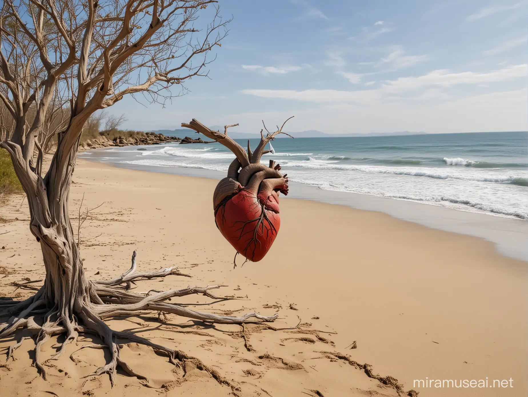 dibujar un corazón humano  que pende de la rama de un árbol seco. El paisaje es una playa