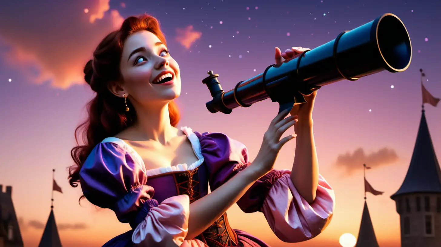 A realistic pretty woman in the style of disney character, wearing cute 16th century dress, is making a horoscope, she is looking up at the sky with her telescope and drawing, the sky is sunset, pink peach purple tones, she is extremely happy