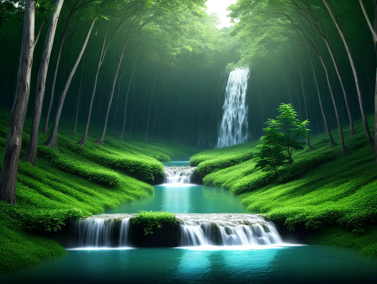 Serene River Flowing Through Lush Forest with Cascading Waterfall