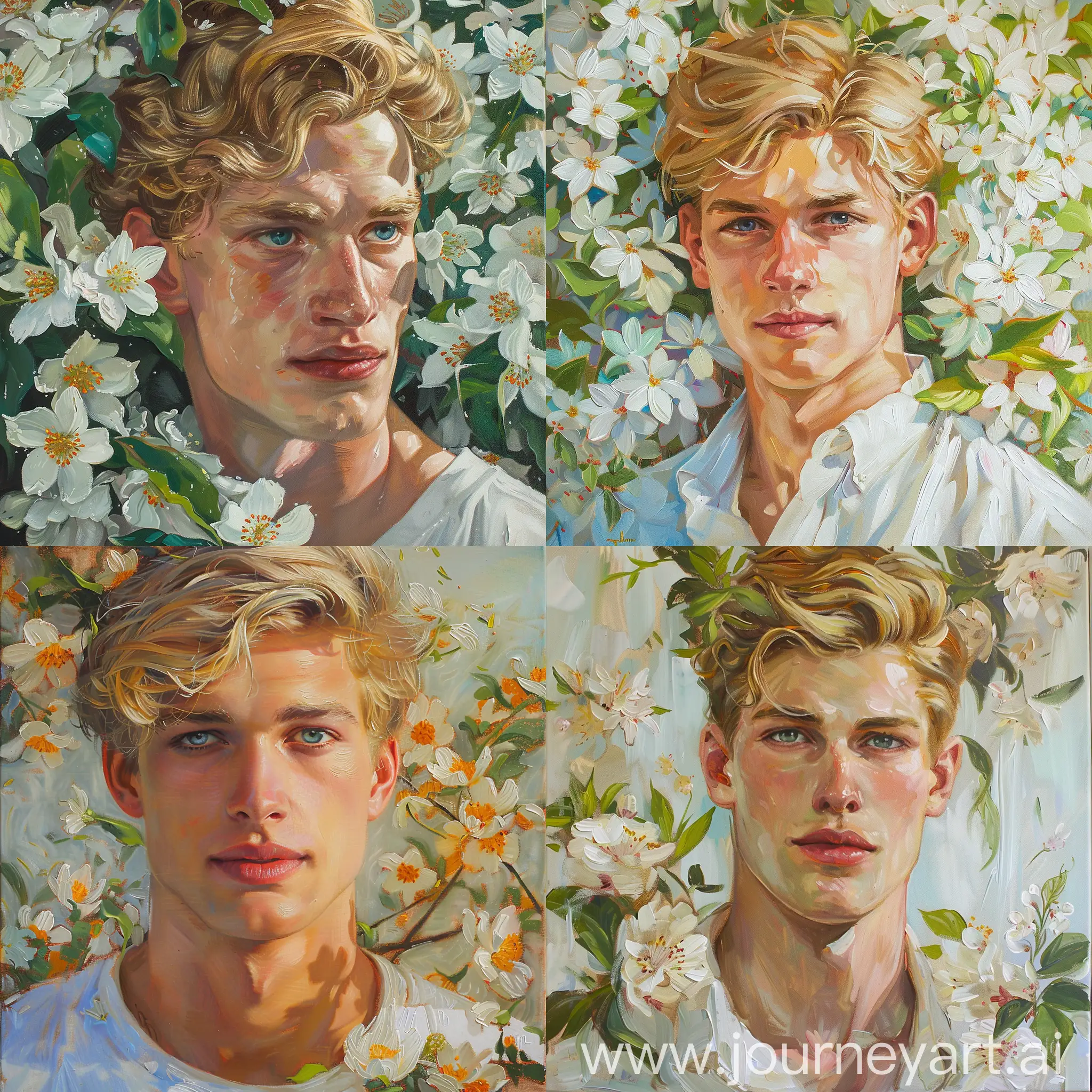 portrait of a handsome guy in flowers, blond, blue-eyed, gentle, spring, oil painting