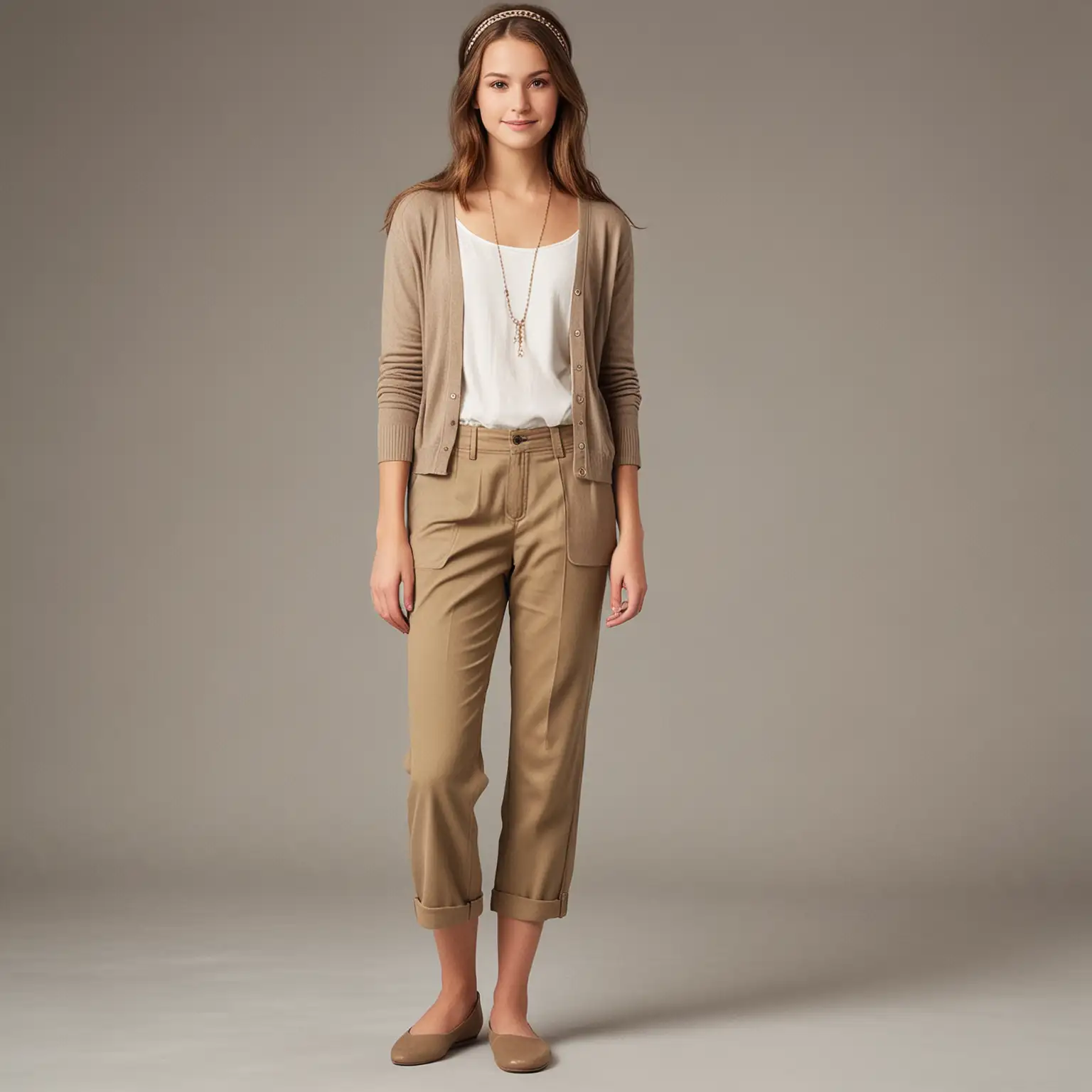 Character: A teenage Caucasian girl, about average height.
Appearance: She has brown hair styled neatly with a headband. She is wearing minimal makeup and a single strand necklace as her only piece of jewelry.
Clothing: She is dressed in wide leg khaki pants paired with a blouse and a cardigan.
Shoes: She is wearing ballet flats. show the full person head to toe