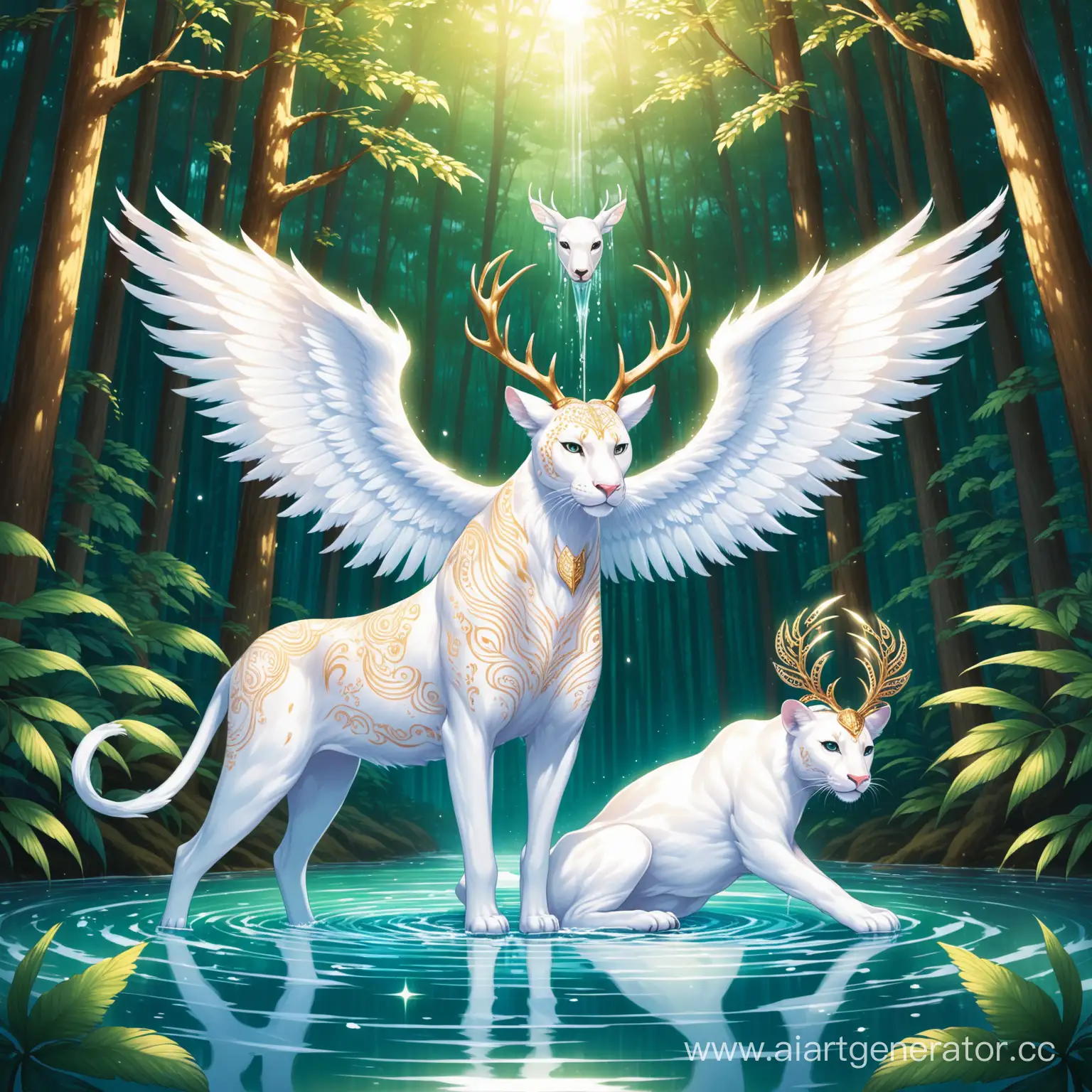 Elegant-Albino-Sacred-Animal-with-Six-PantherPatterned-Wings-Drinking-Water-in-Forest