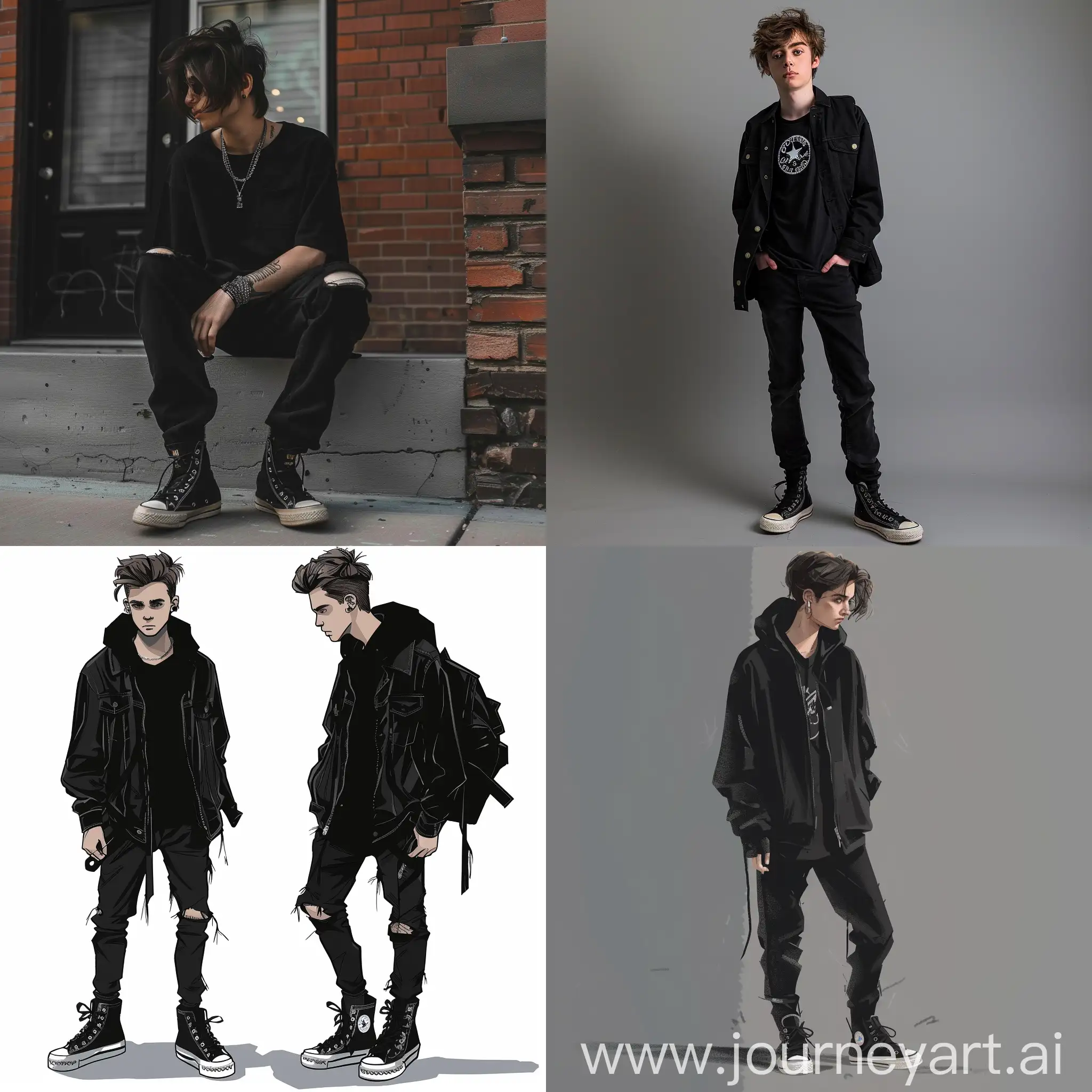 All black clothing guy teen with converse on in Tim burton style