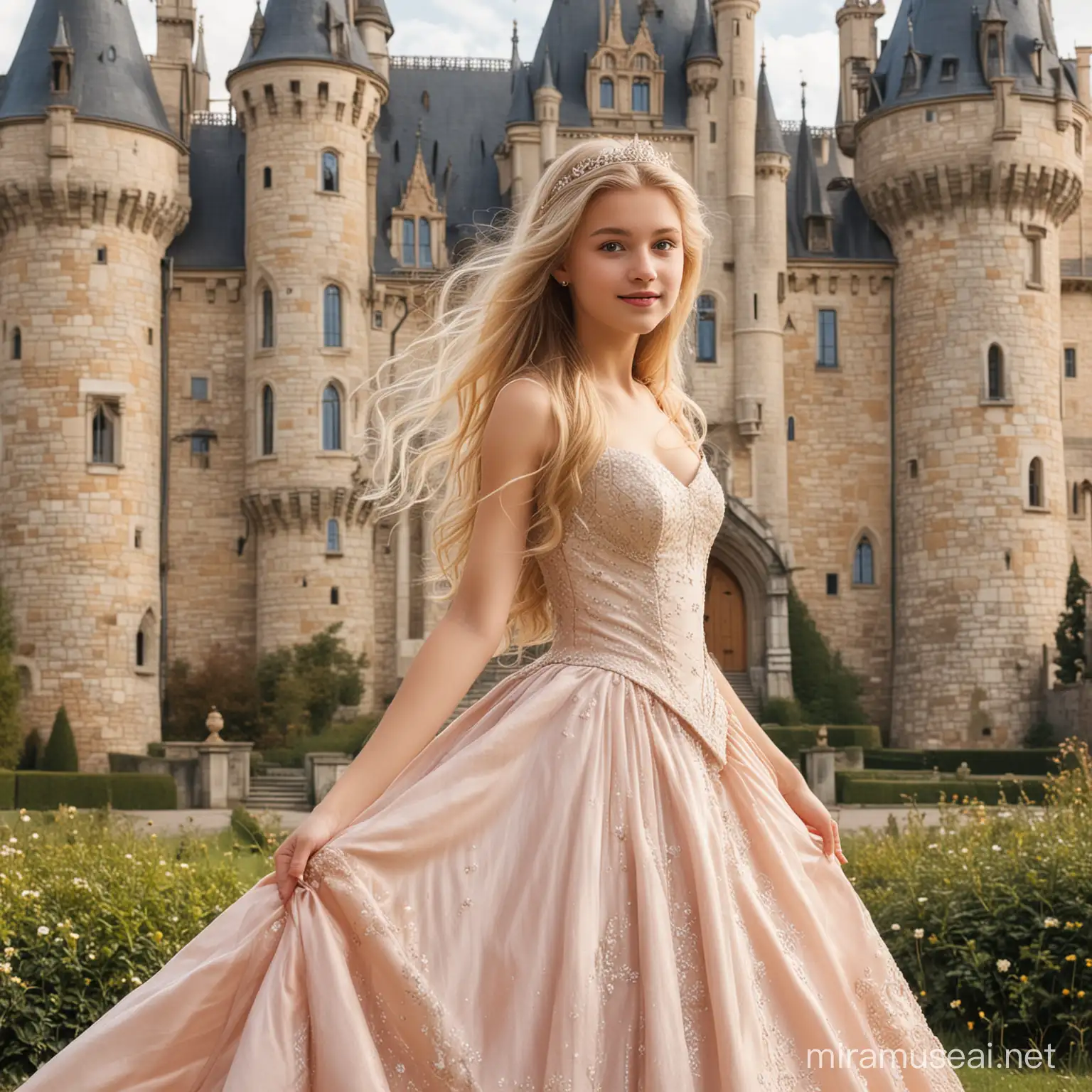 belle princesse de 15 ans avec de longs cheveux blonds et une belle robe de princesse, devant un chateau de contes de fees