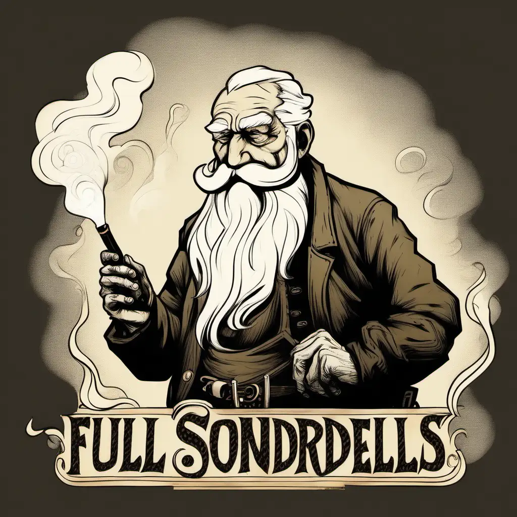 An old man with white hair and a big white beard, drawing from a pipe, and on the smoke from his pipe, it says text, "full of scoundrels in this life."