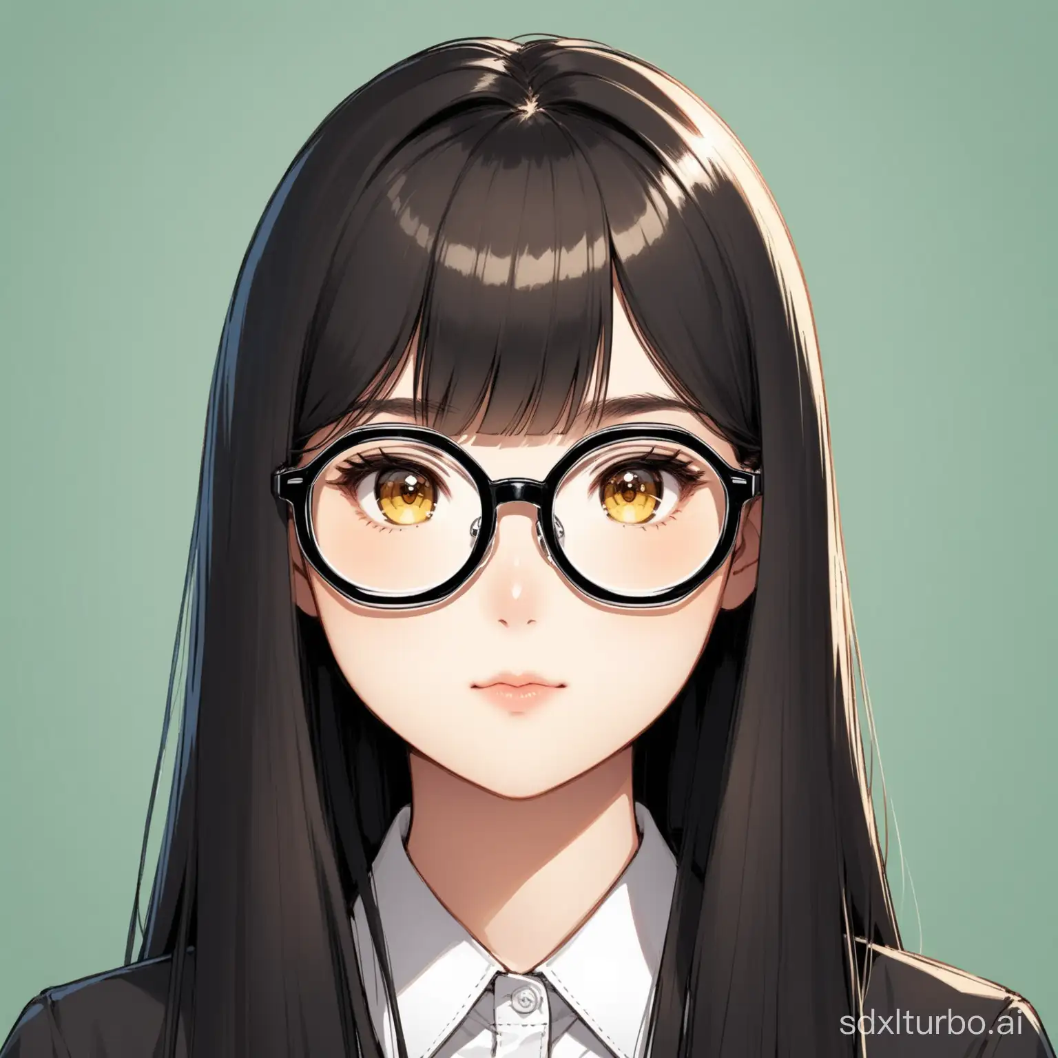 Work ID photo, bangs, straight long hair, thick black frame glasses, round face, slightly yellowish skin