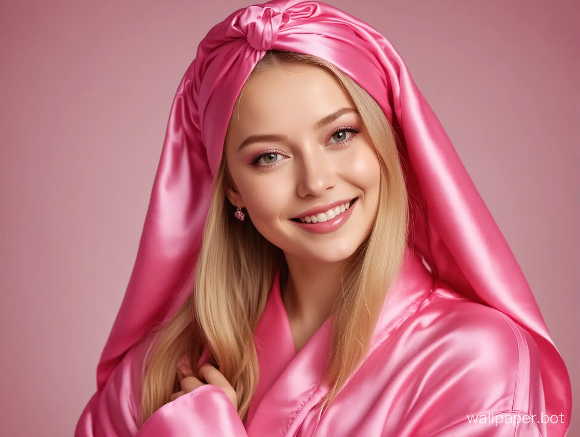 Glamourous portrait of sweet, young, sunny queen Yulia Lipnitskaya with long straight silky hair Smiling in Luxurious Pink fuchsia Silk robe with pink fuchsia silk towel turban on the head