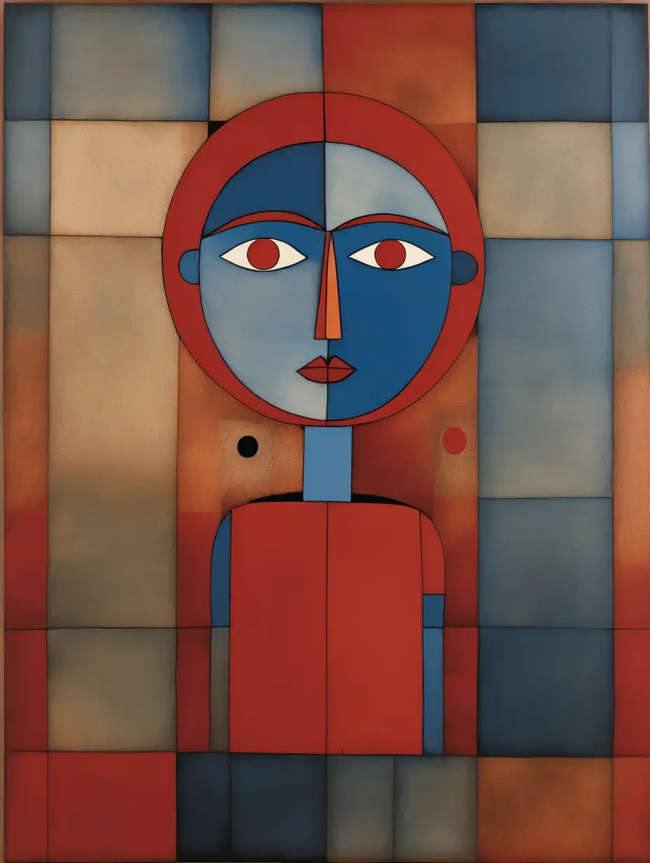 Abstract Human Figure in Paul Klee Style Muted Tones of Deep Red and Blue