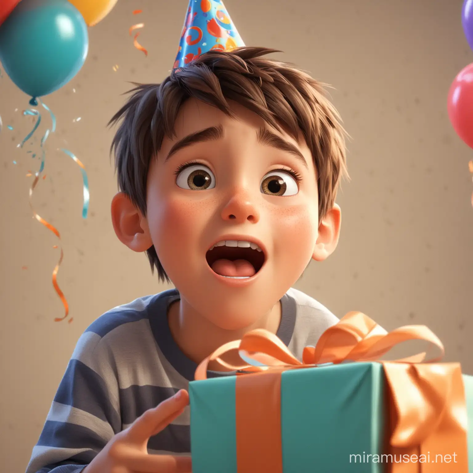 an animated boy surprised with a birthday gift