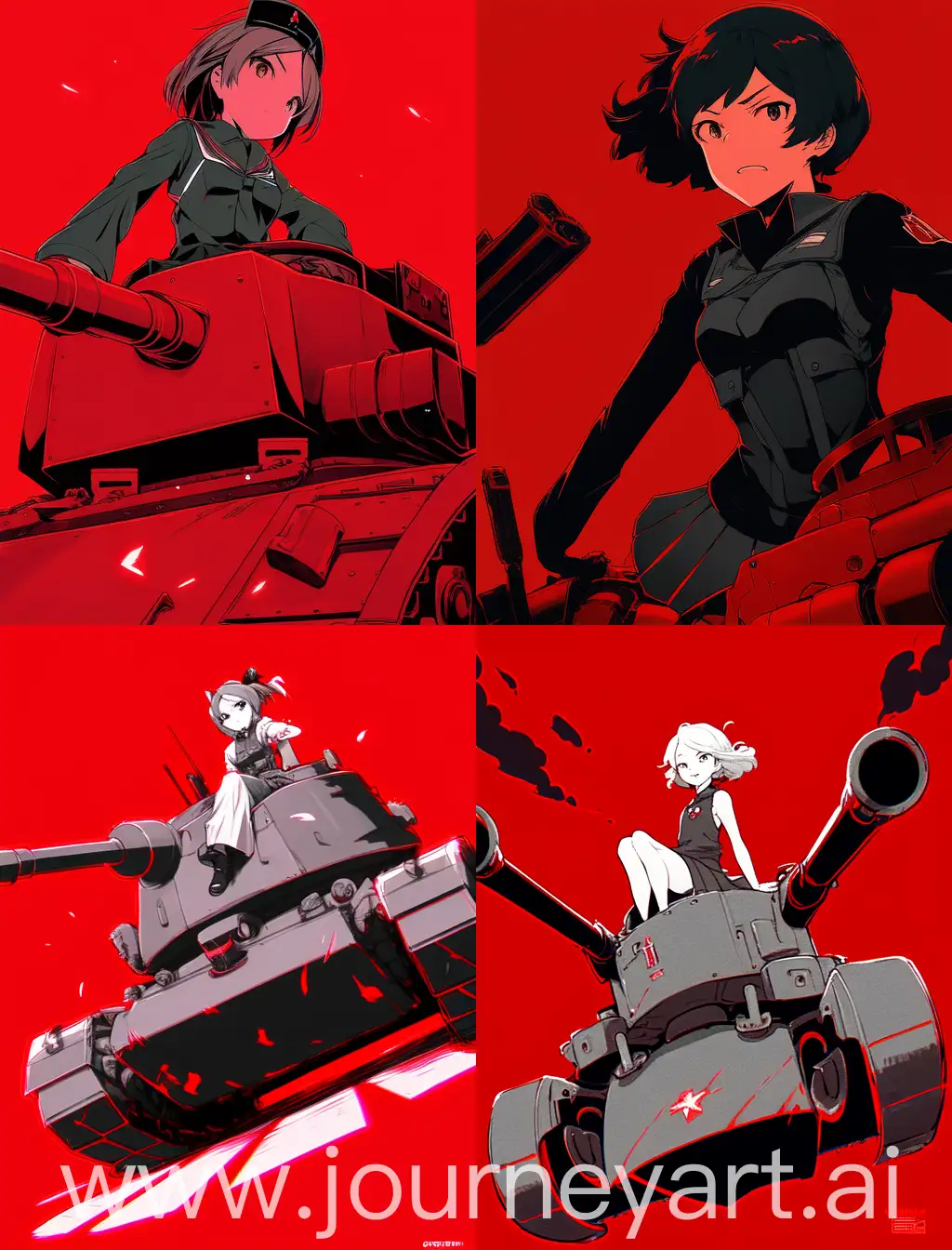 anime girl, on top of a tank, red solid background, full color art, cartoon anime style, strong outer line