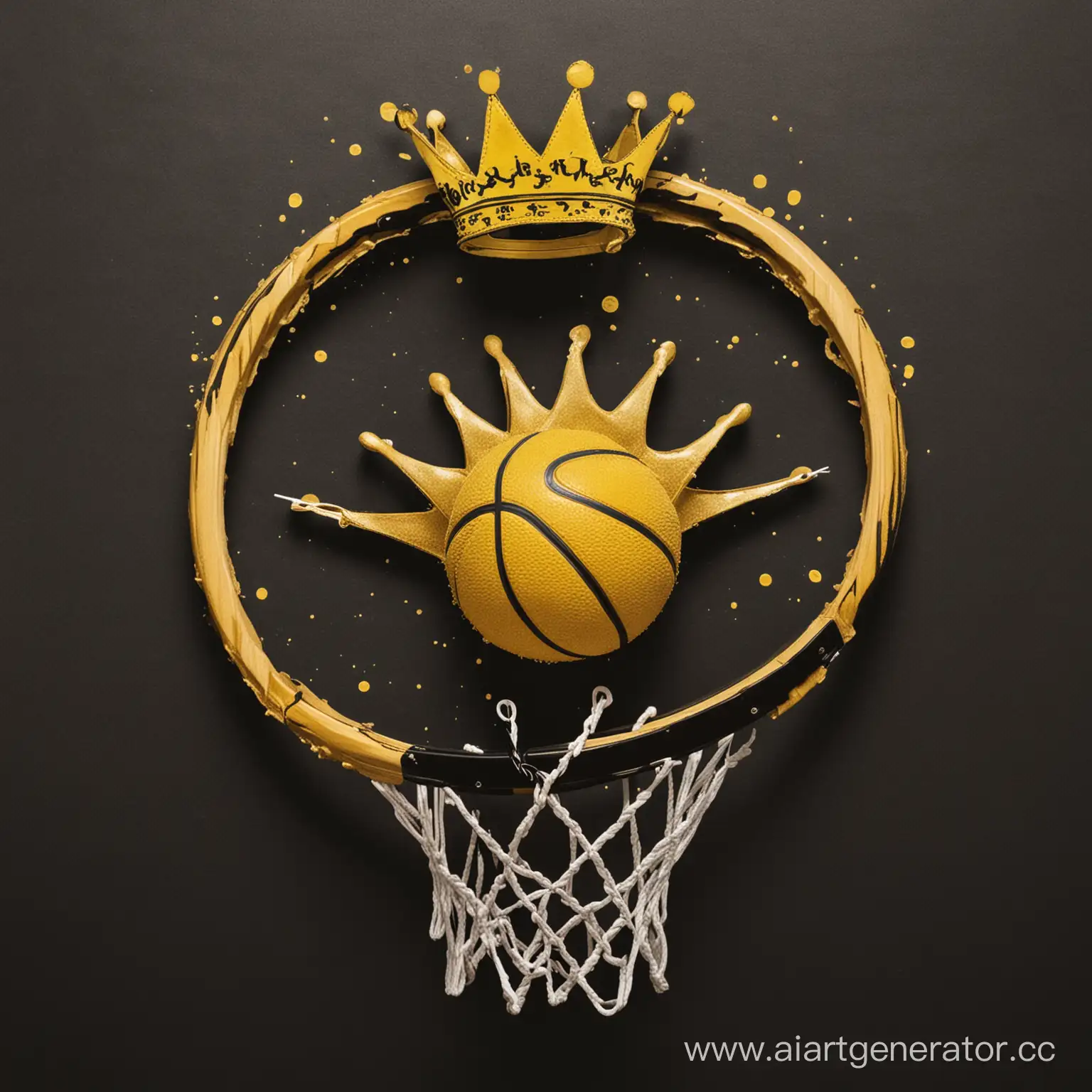 Желто-черный цвет фона, Баскетбольный мяч, кольцо, корона, надпись HoopsHaven