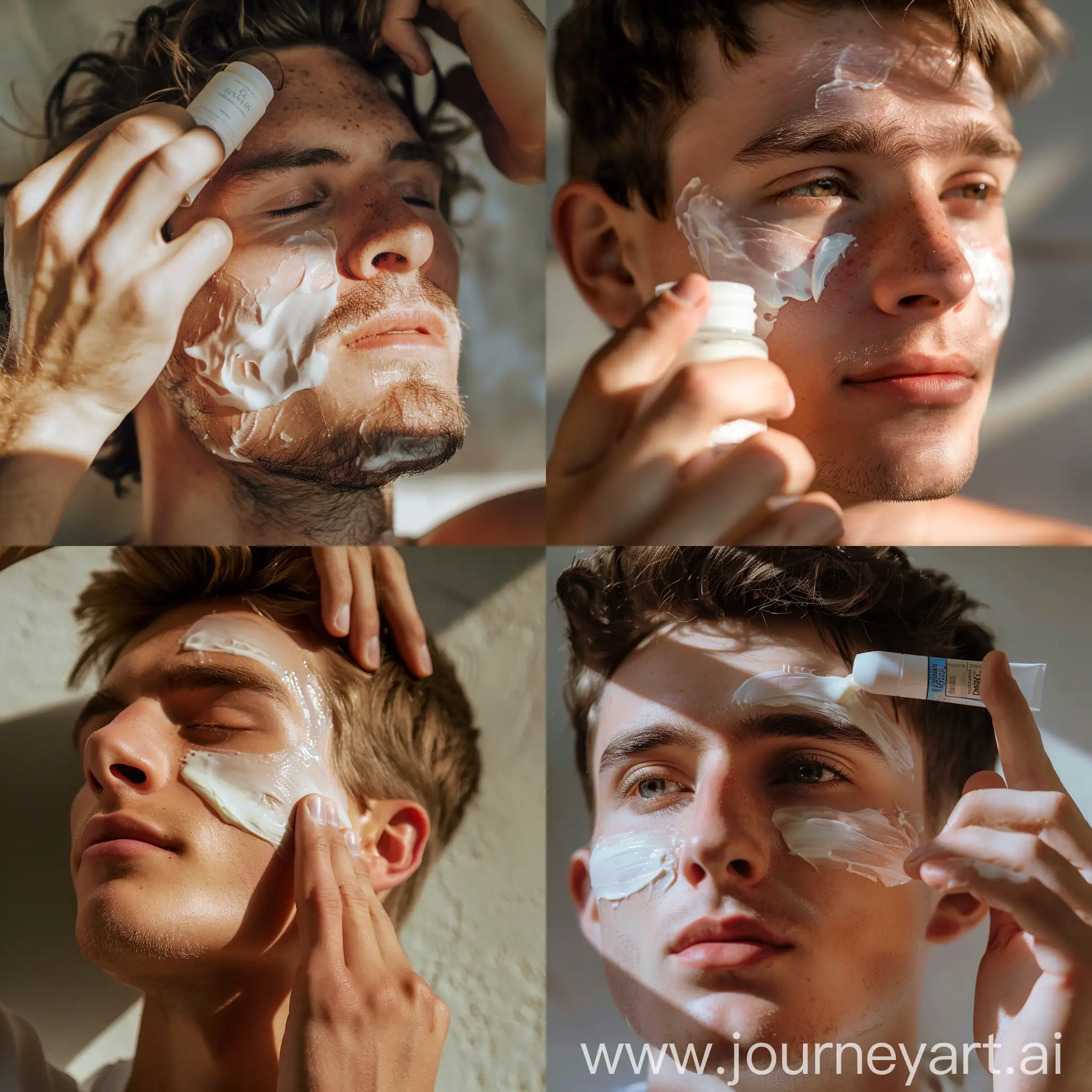 hombre joven aplicándose cremas caseras en la cara