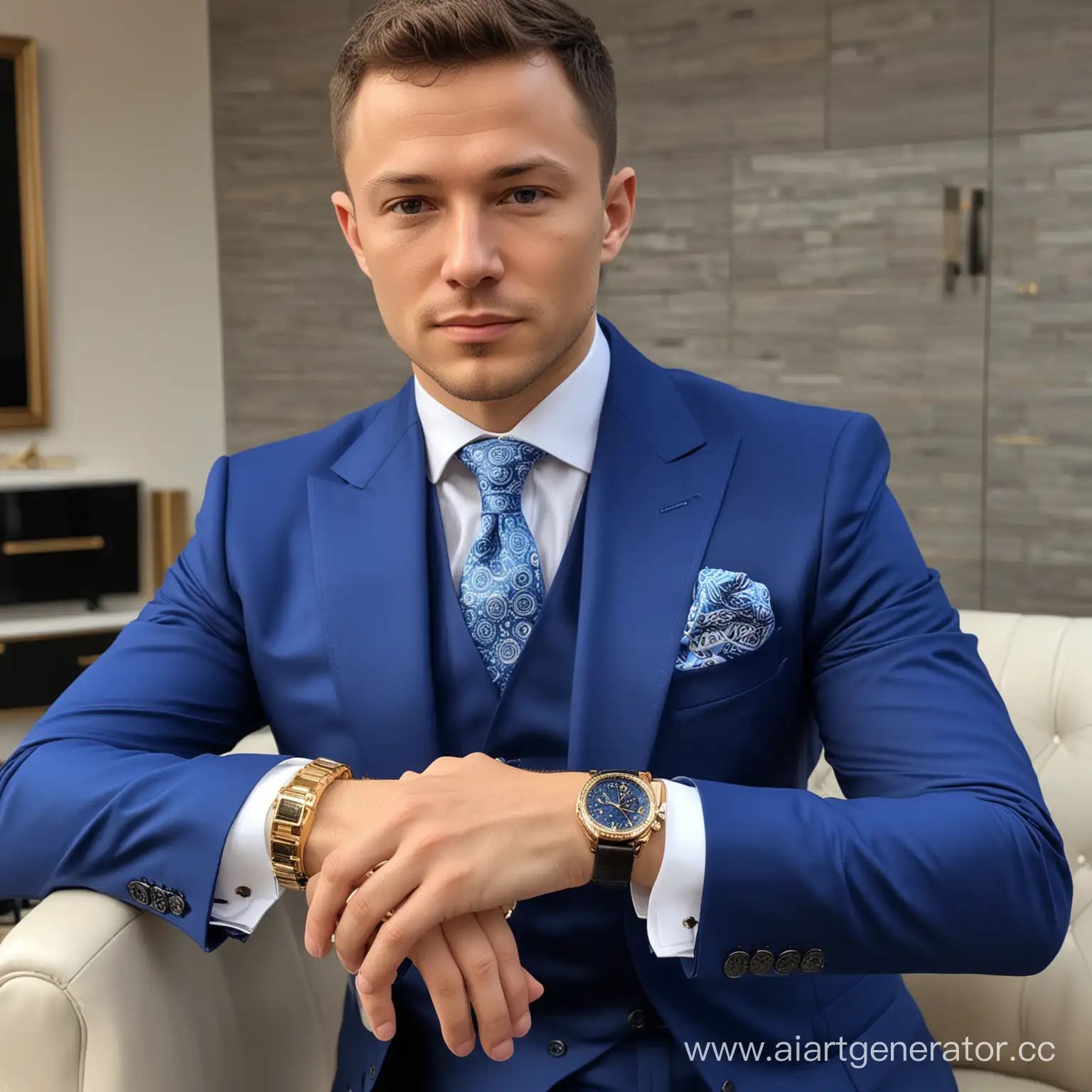 Макс Максбетов самый богатый криптоинсвестер  в мире, полное телосложение, синий дорогой костюм, несколько очень дорогиз часов на руке, шикарная дорогая прическа