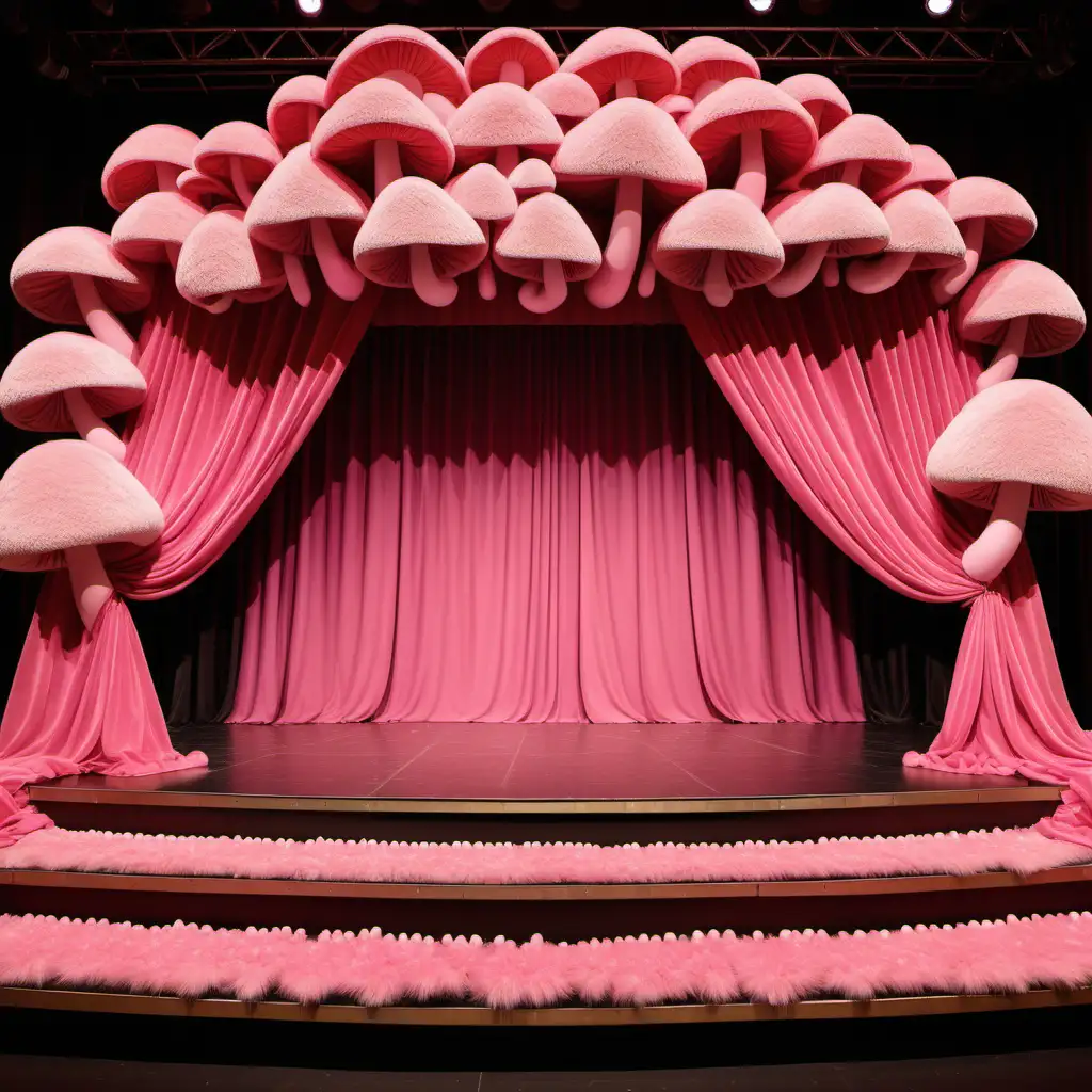 theater stage
decorated with bubblegum pink drapes in layers with fur and ruffles
pink mushrooms dotted around the stage
