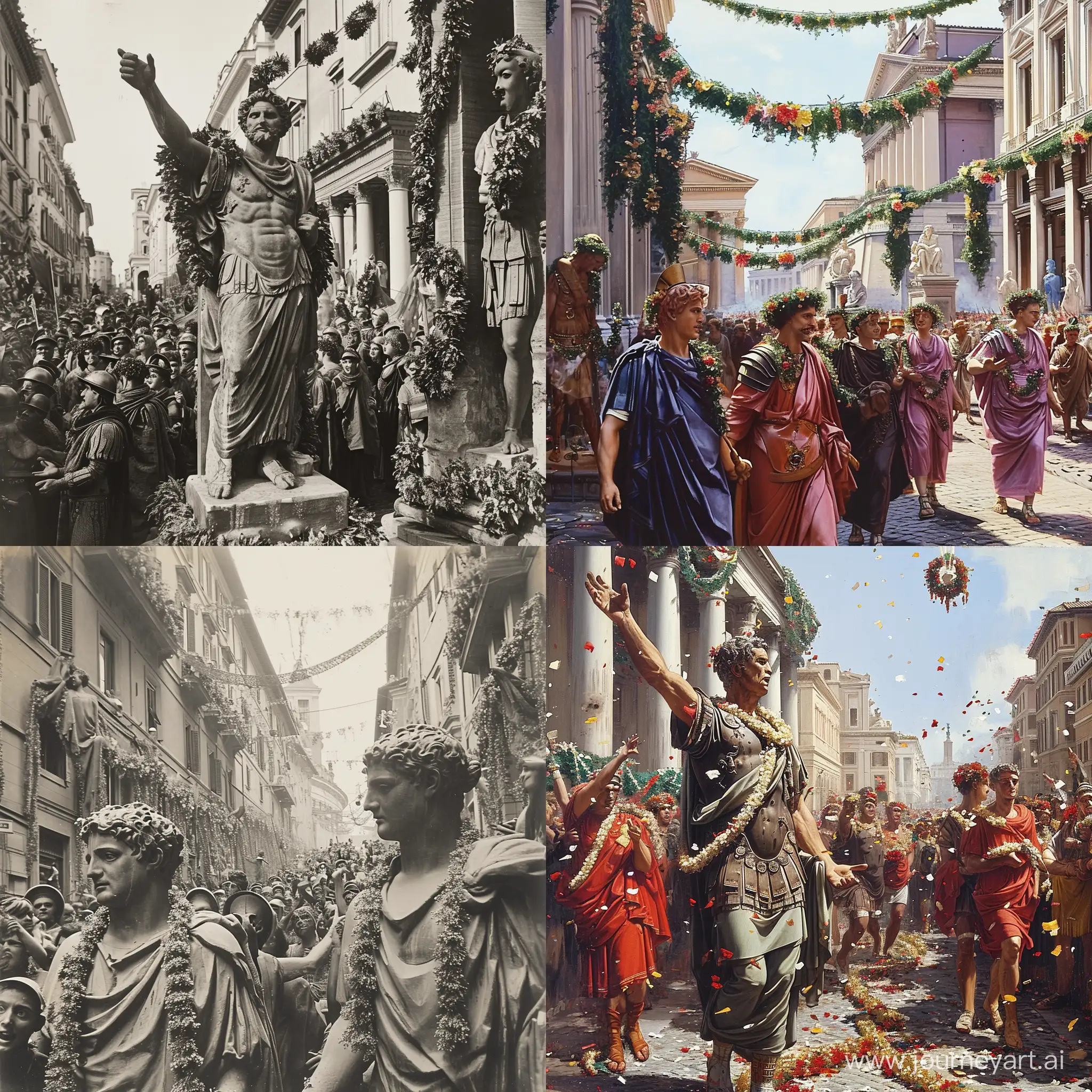 Streets of Roam, people celebrating Caesar's Victory, Caesar statues decorated with garlands