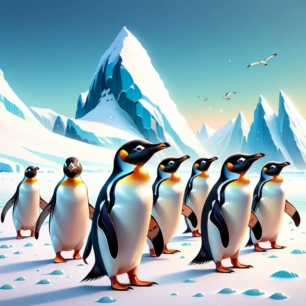  kawaii stil, Illustration,
 Verspielte Zwergpinguine watscheln in großen Gruppen über das eisige Land der Antarktis