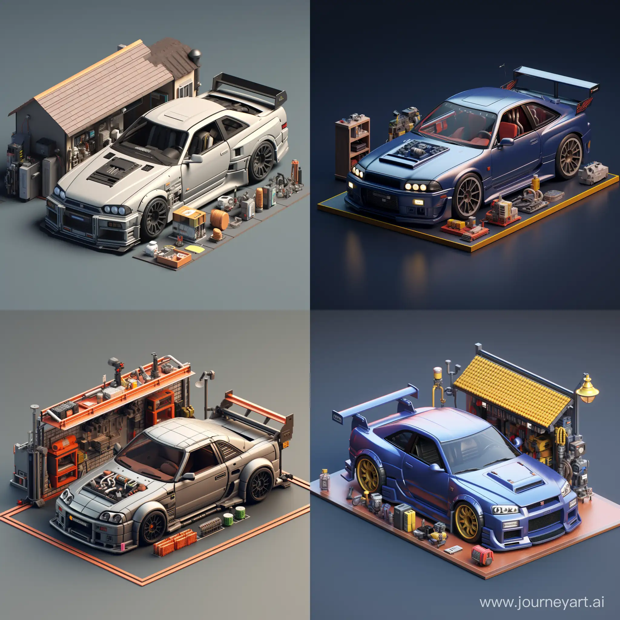 isometric view of a garage with a nissan skyline, isometric, tiny, 3d render, unreal engine, intricate, detailed;