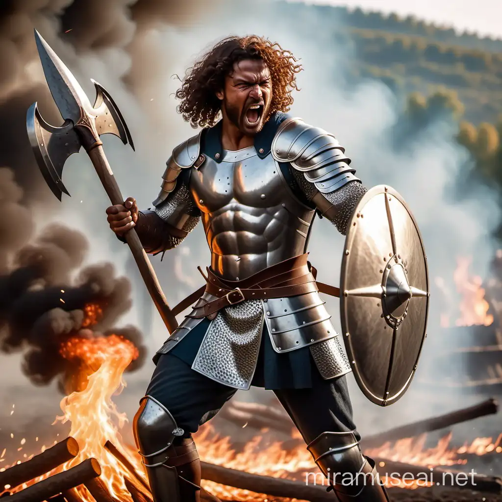 
a medieval warrior, with brown skin, medium curly hair, very muscular, holding a large silver ax, is on the battlefield close to the flames, he is shouting, wearing full steel armor, full body, high quality, rich in details