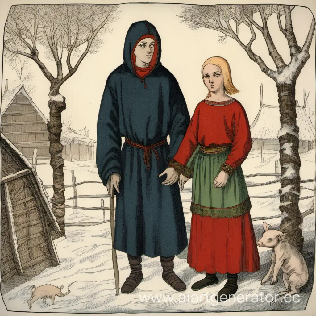 Medieval-Nordic-Witch-and-Bald-Young-Man-Embracing-by-the-Piglet-Pen