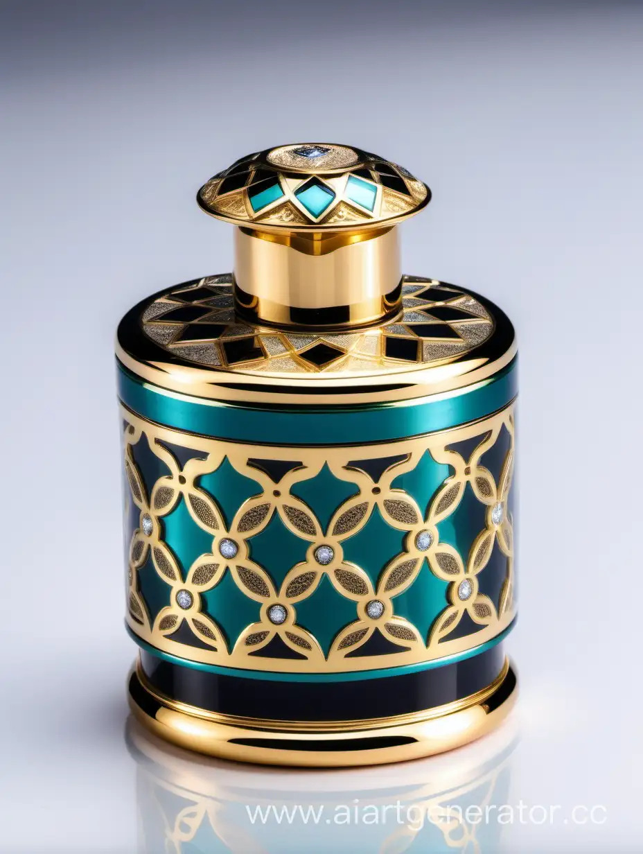 Luxury Plastic Perfume decorative ornamental long double height cap, gold color with black and dark green blue border line arabesque pattern round shaped metallizing finish with diamond on top