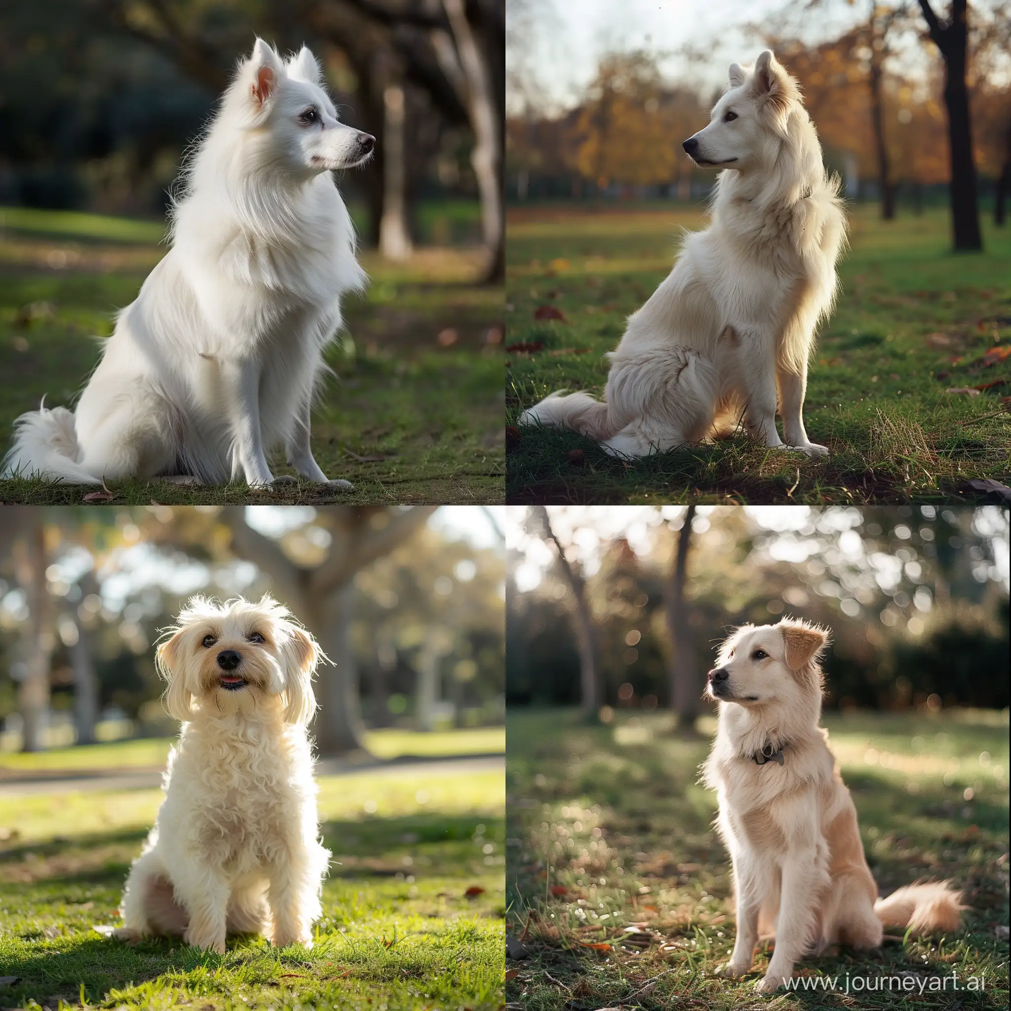 a dog sitting on the grass , park , white dog 